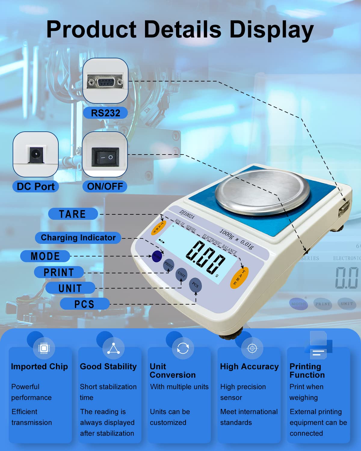 Precision Digital Lab Scale 1200g x 0.01g Accuracy, 10mg Analytical Balance for Jewelry Gold, Medicine, Kitchen & Industrial Use with LCD Display & Printing Function - Perfect for Laboratories, Pharmacies, Cooking & Precious Metal Weighing