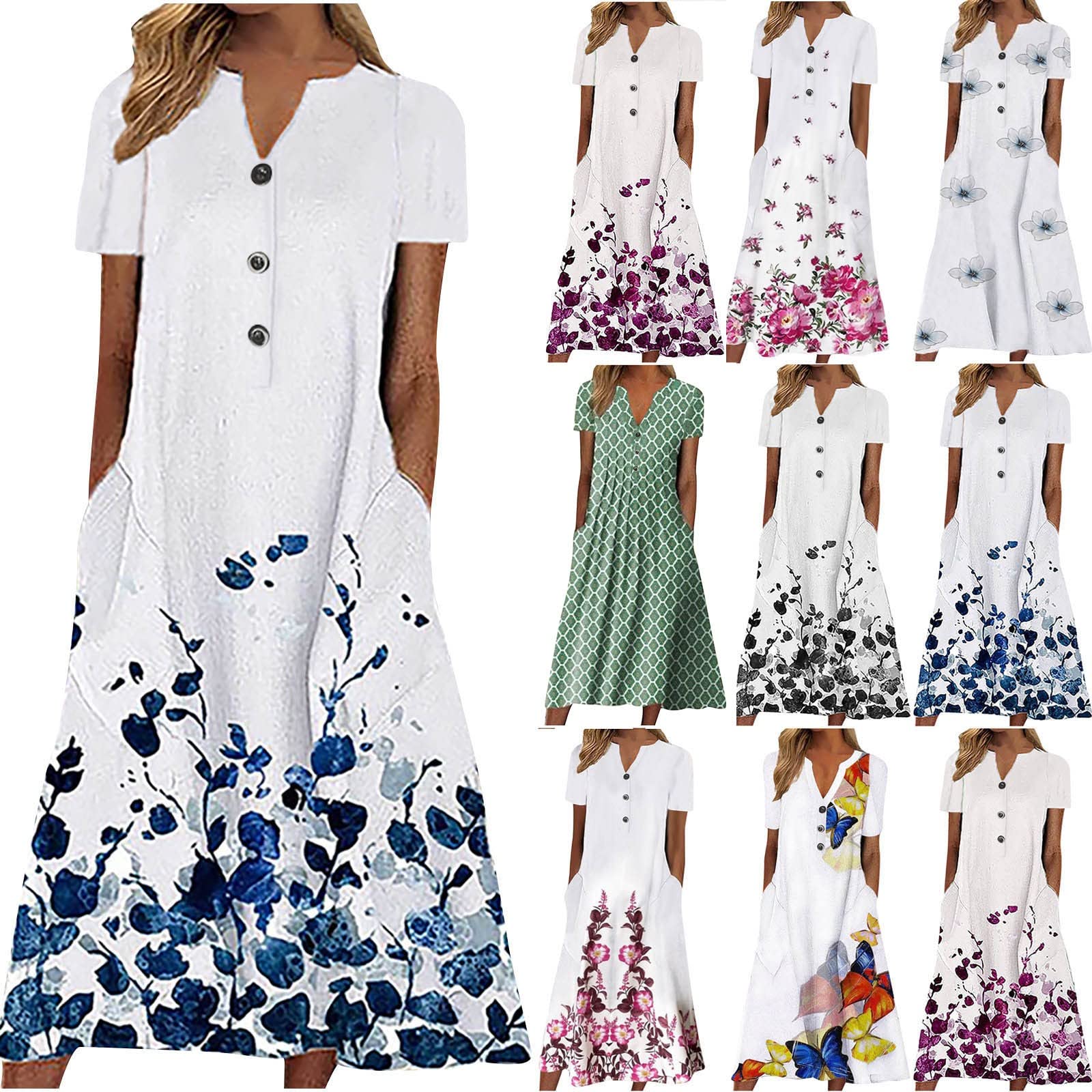 2025 Women's Casual Floral T-Shirt Dress - Elegant A-Line V-Neck Short Sleeve Summer Dress for Spring & Summer | Perfect for Beach, Brunch & Date Nights