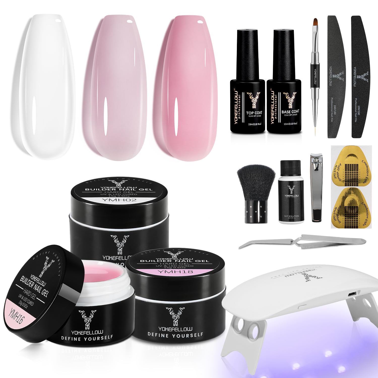 YOKEFELLOW Builder Gel Nail Kit - 3 Colors (White, Pink) Poly Gel with UV Lamp, Complete DIY Nail Extension Starter Kit for Salon-Quality Manicures at Home, Perfect for Nail Art & Acrylic Nail Designs