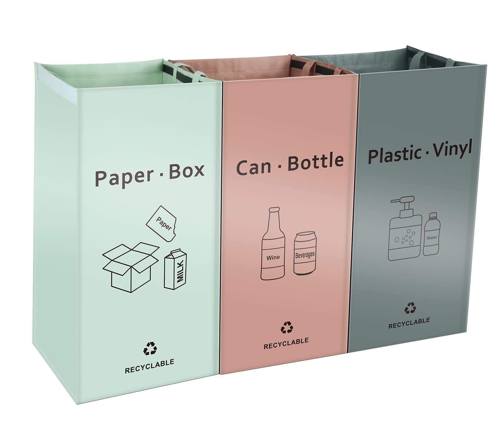 Eco-Friendly 42 Gallon Recycling Bin Bags for Kitchen & Home - Reusable Waterproof Trash Sorting Organizer (Pink, Green, Gray, Pack of 3) | Perfect for Waste Management, Composting & Sustainable Living