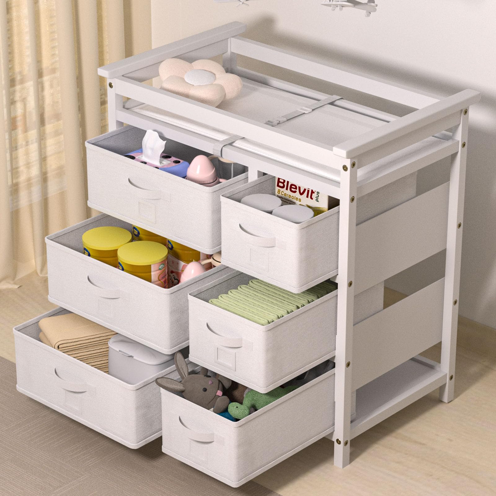 XJD Baby Changing Table with 6 Storage Drawers & Changing Pad - White Nursery Organizer for Diapers, Wipes & Baby Essentials - Perfect for Nursery, Bedroom or Baby Shower Gift