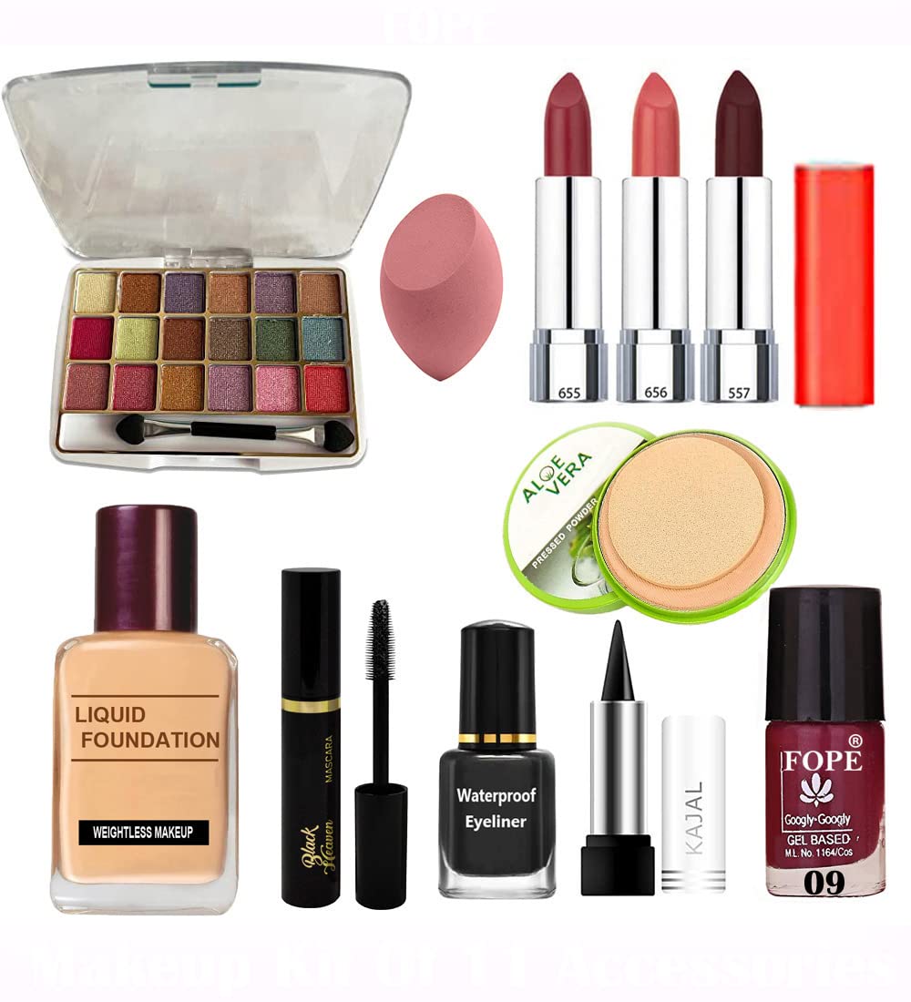 Fope Complete Travel Makeup Kit for Women & Girls - 12 Piece Cosmetic Set with Mirror & Brushes (Model S19K04A2034) | Perfect for Vacation, Business Trips & On-the-Go Touch Ups