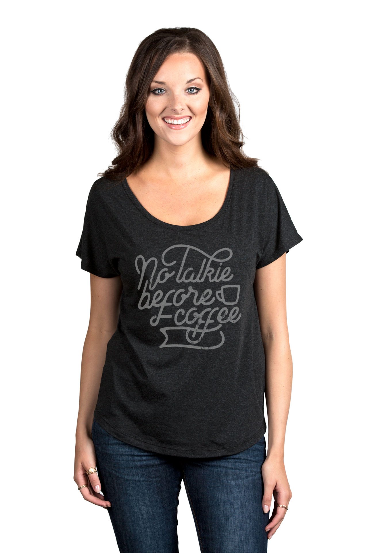 No Talkie Before Coffee Women's Fashion Slouchy Dolman T-Shirt - Casual Loose Fit Tee for Coffee Lovers, Weekend Outfits & Relaxing at Home