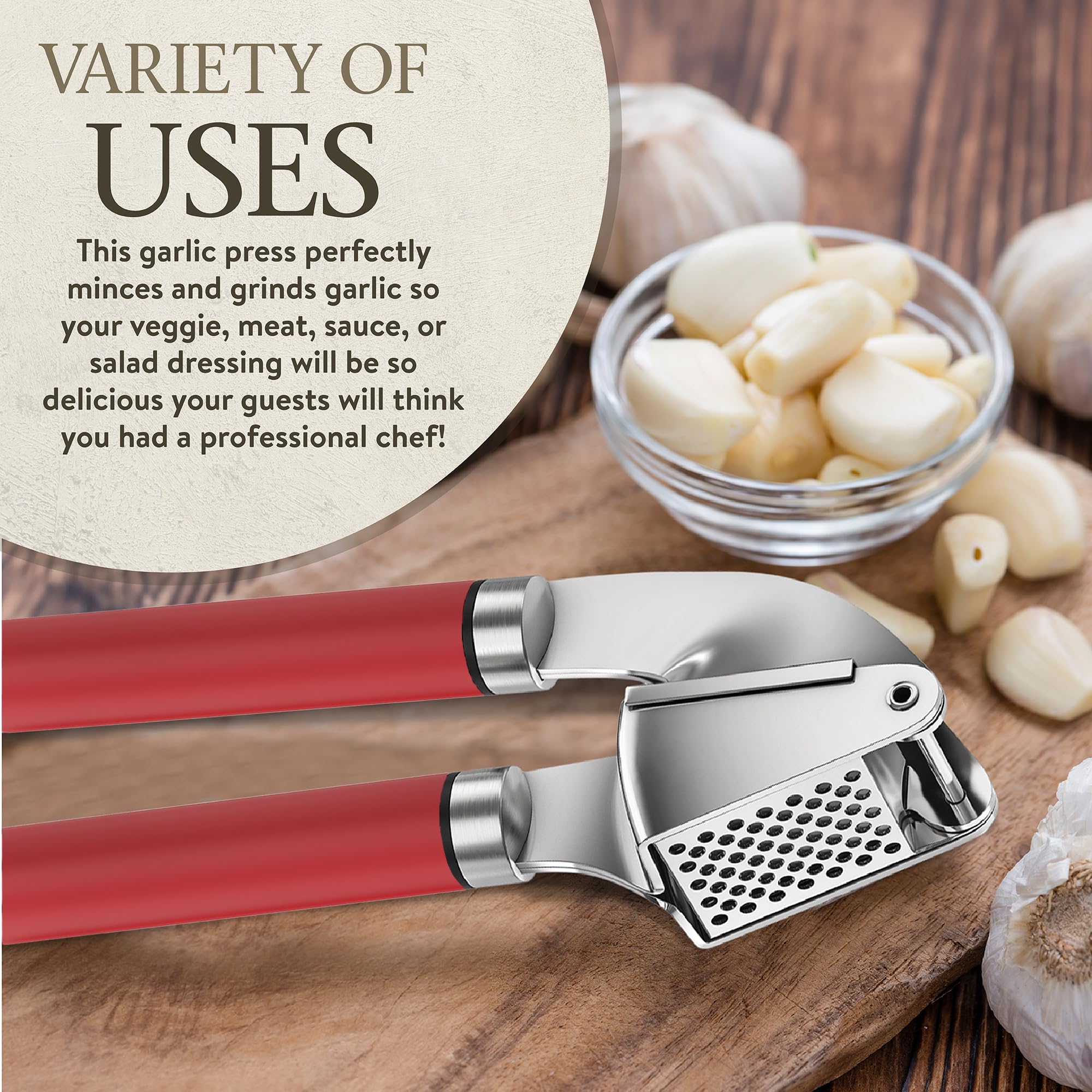 Premium Stainless Steel Garlic Press & Mincer Set - Professional Grade Garlic Crusher with Peeler - Dishwasher Safe, Rust-Proof & Easy Clean - Ideal for Cooking, Meal Prep & Kitchen Use (Red)