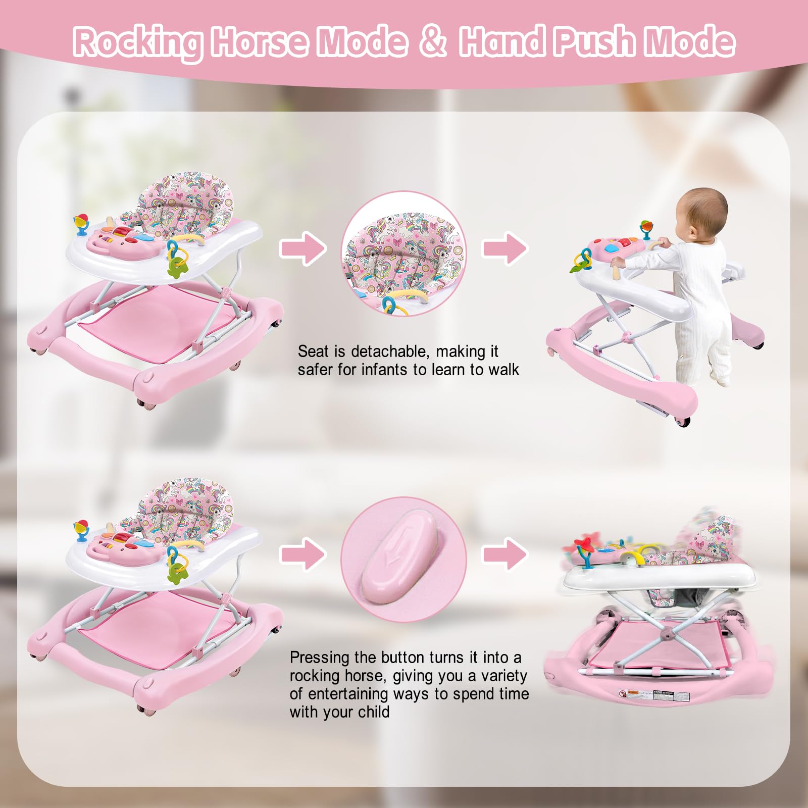 5 in 1 Foldable Baby Walker with Detachable Trampoline Mat - Adjustable Speed Wheels & Height for 6-18 Months (Pink) | Baby Bouncer, Rocker, Activity Center & Push Walker | Perfect for Playtime, Learning to Walk & Indoor Fun