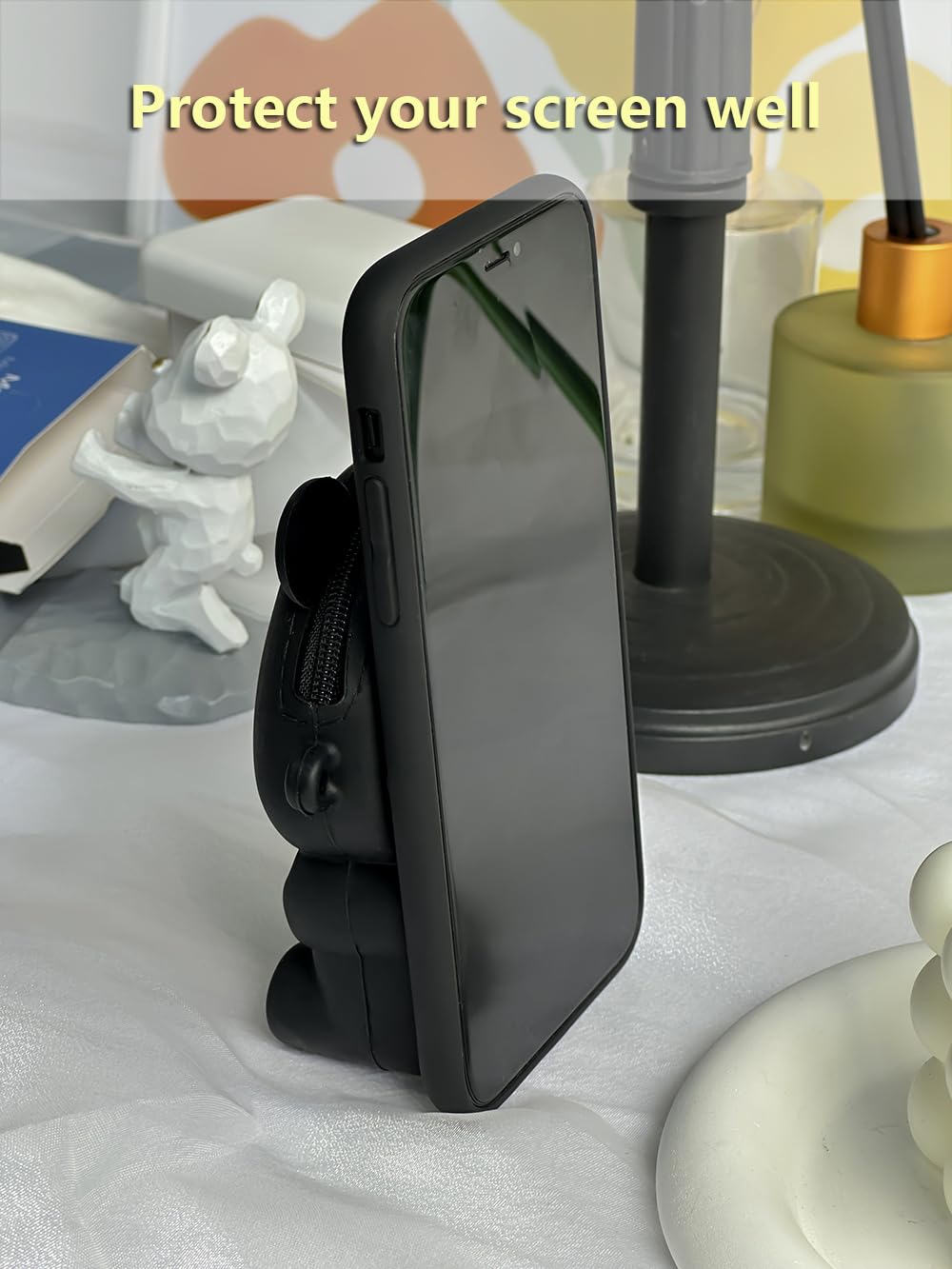 UnnFiko Cute 3D Cartoon Bear Wallet Phone Case for iPhone 11 Pro Max - Soft Silicone Protective Cover with Card Holder & Stand - Perfect for Women & Girls (Black) | Great for Everyday Use, Shopping & Travel