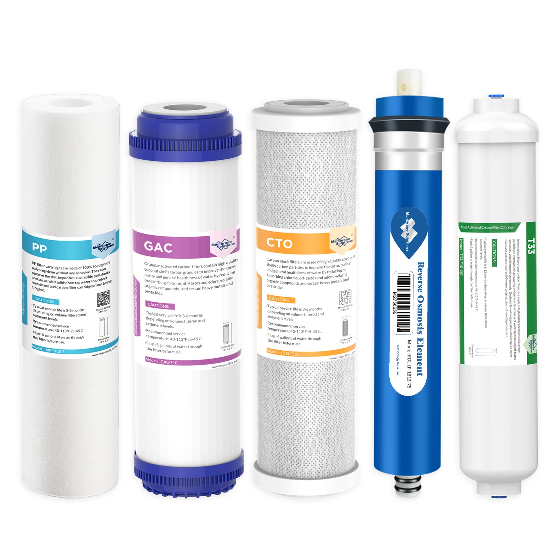 Membrane Solutions 75 GPD 5-Stage Reverse Osmosis Water Filter Replacement Set - Compatible with Under Sink RO Systems | Improves Drinking Water Quality for Home & Office Use