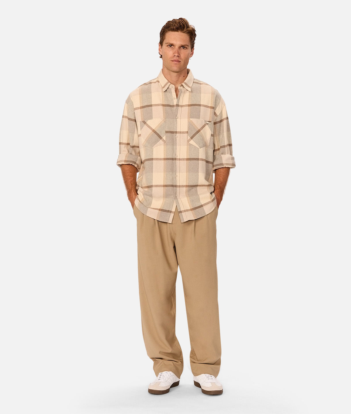 Hillside Long Sleeve Shirt for Men - Beige Charcoal Casual Button Down Shirt - Perfect for Office, Business Casual & Outdoor Activities