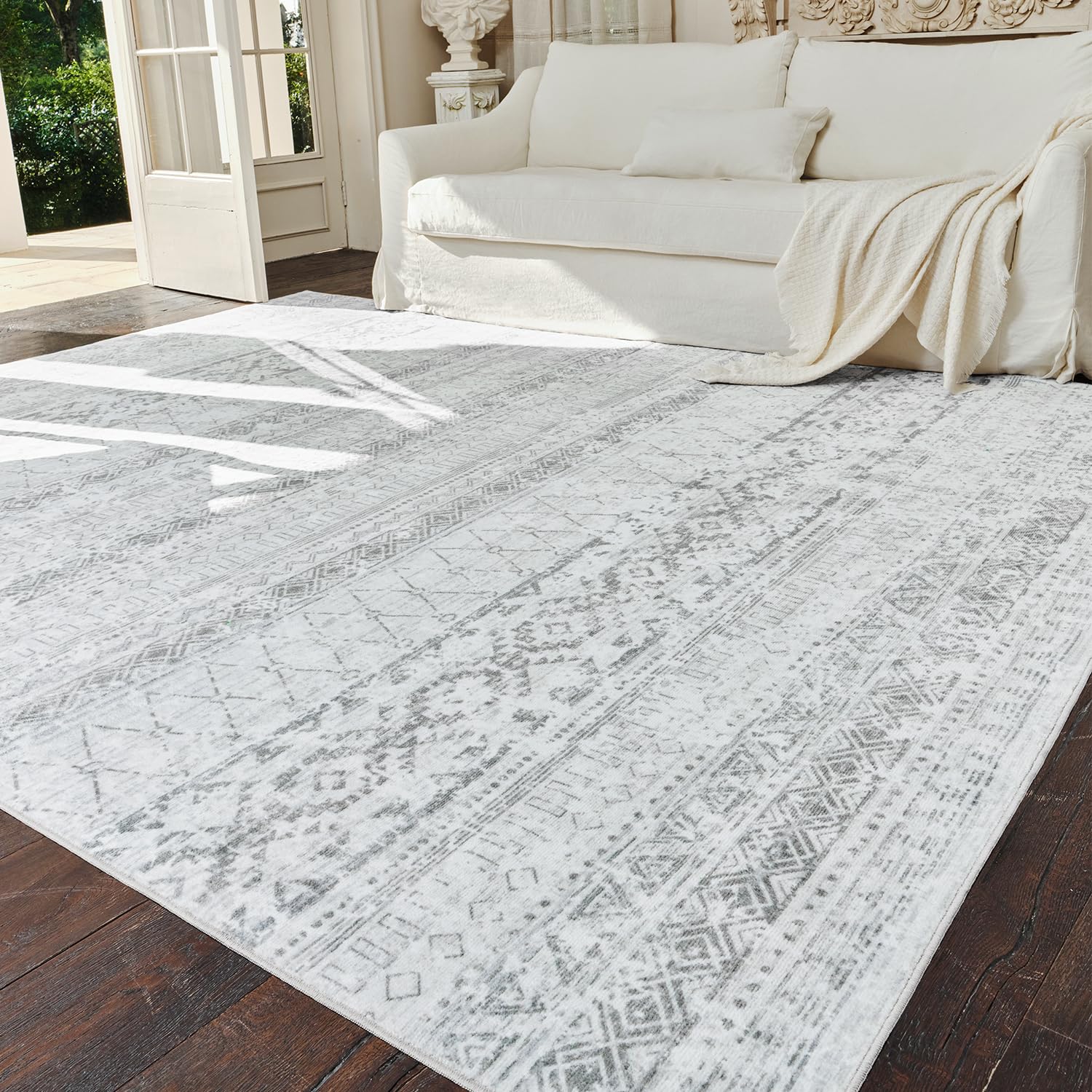 5x7 ft Boho Moroccan Area Rug - Distressed Neutral Grey Washable Carpet for Living Room, Bedroom & Dining Room | Perfect for Home Decor, Cozy Spaces & Boho Chic Style