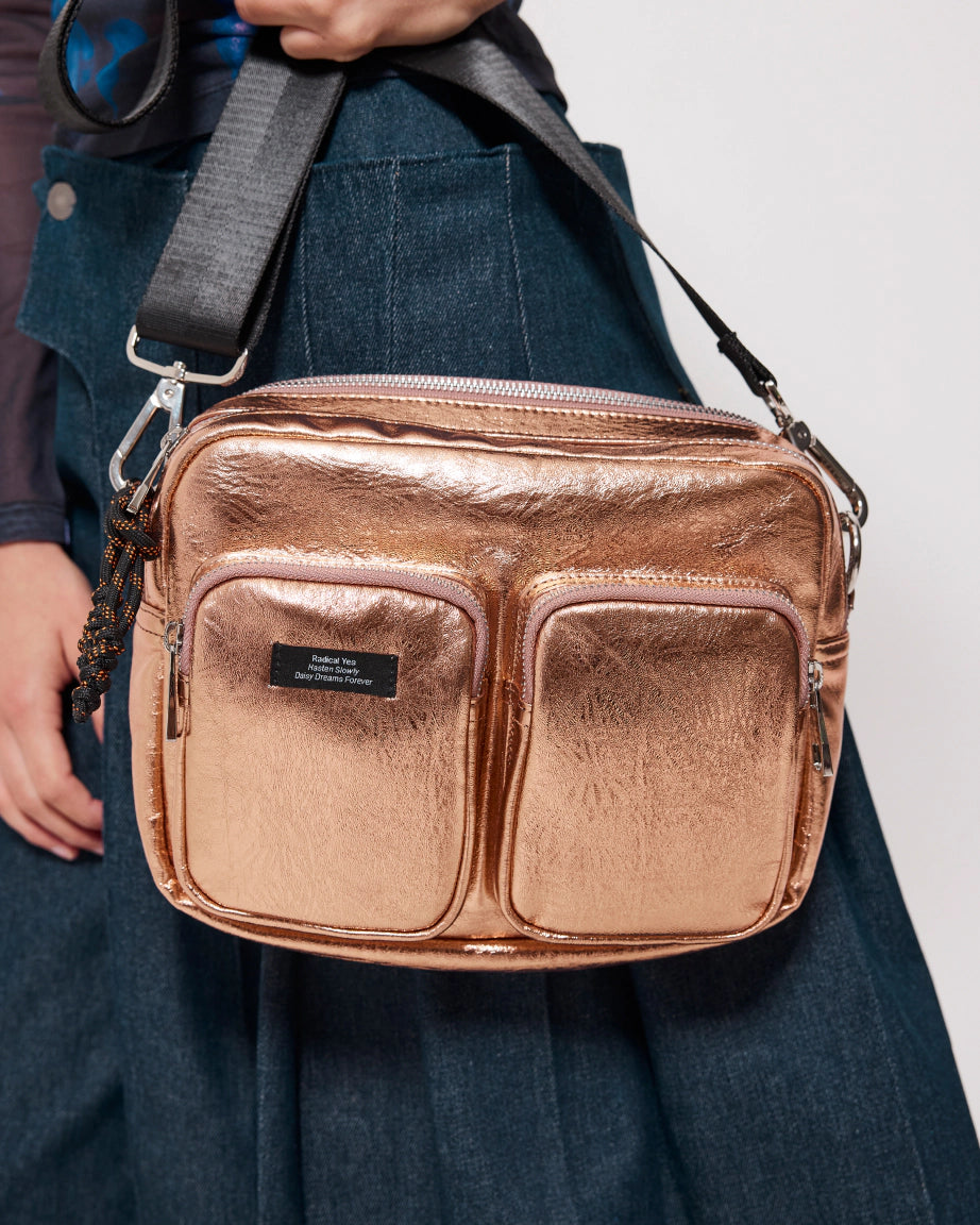 Premium Leather Messenger Pocket Bag - Apricot Metallic Crossbody Bag for Women & Men | Perfect for Work, Travel & Everyday Use