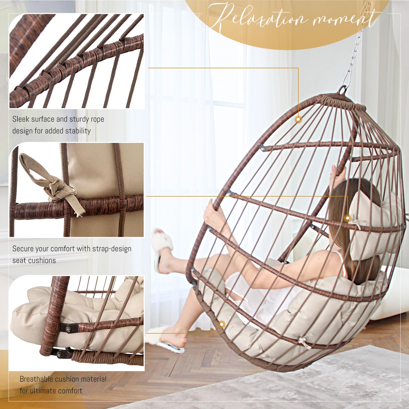 BULEXYARD 300lbs Capacity Hanging Egg Chair Without Stand - Brown Wicker Swing Chair with Beige Cushion for Indoor & Outdoor Use - Foldable Hammock for Patio, Porch, Balcony, Garden or Backyard - Perfect for Relaxing, Reading & Lounging