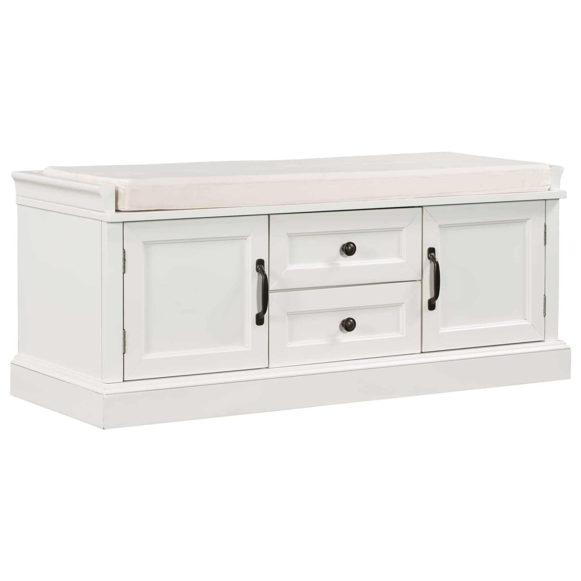 Rustic White Wooden Storage Bench with 2 Cabinets & 2 Drawers, Removable Cushion - Entryway Shoe Bench for Bedroom, Hallway & Living Room Organization | Perfect for Small Spaces & Home Decor