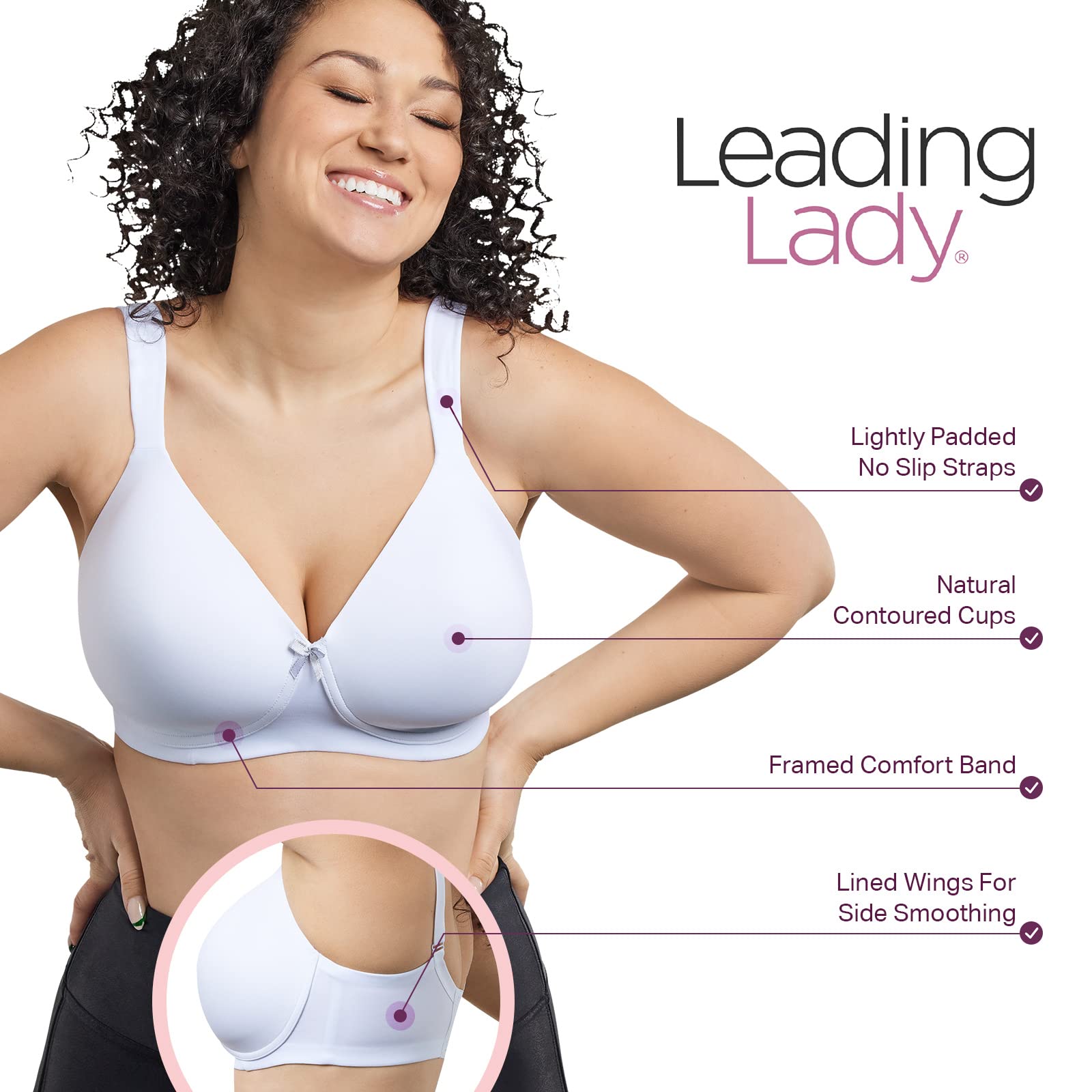 LEADING LADY The Brigitte Classic Wirefree T-Shirt Bra for Women - Comfortable Padded Wireless Bras in Plus Sizes - Perfect for Everyday Wear, Workouts & Lounge