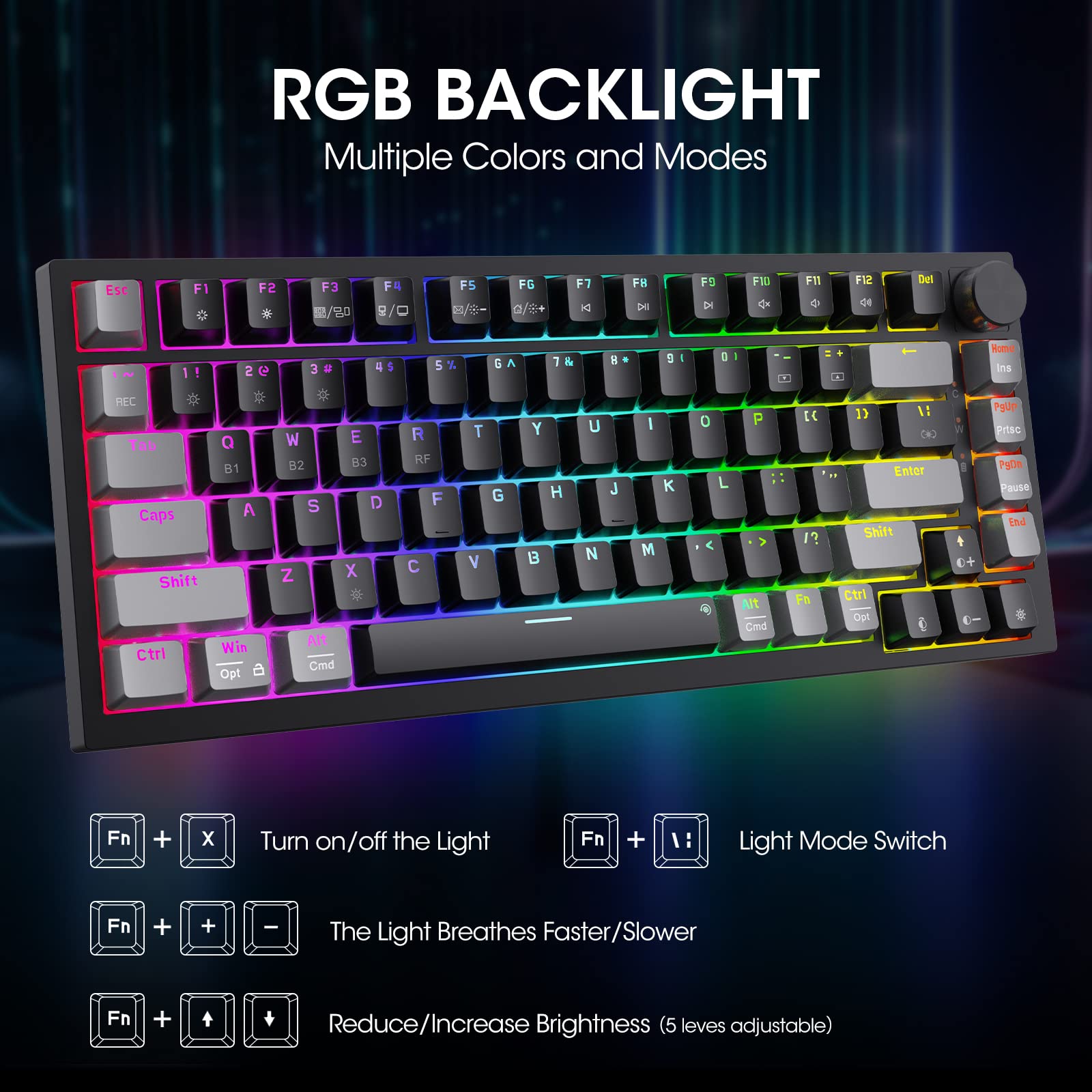 KOORUI 75% Wireless RGB Gaming Keyboard - BT/2.4G/USB-C, 82 Keys for PC Gaming