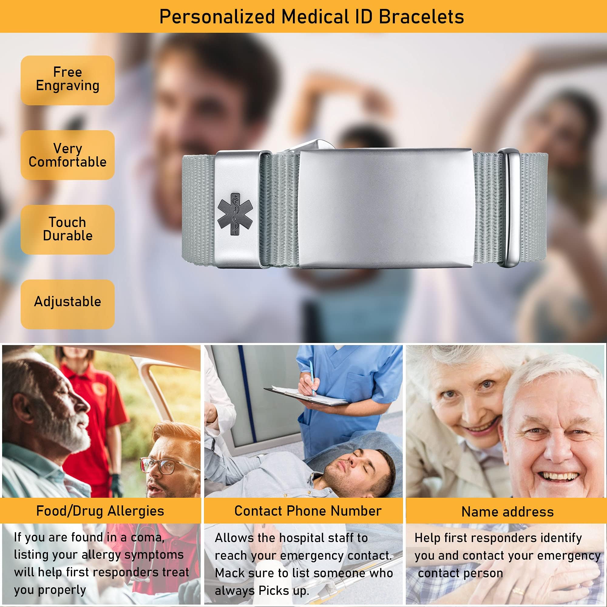 Custom Medical ID Bracelet for Men & Women - Personalized Engraved Stainless Steel & Nylon Emergency Alert Wristband - Hypoallergenic Adjustable for Allergies, Diabetes & Heart Conditions - Perfect for Daily Wear, Travel & Outdoor Activities