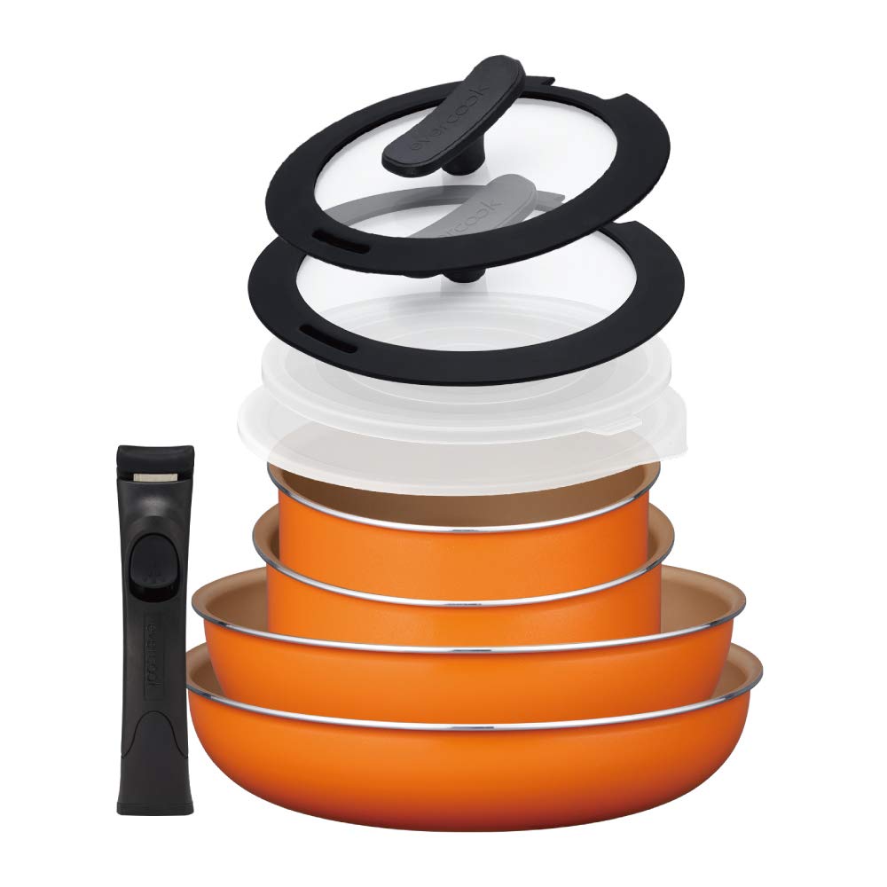 Evercook Nonstick Frying Pan Set - 9 Piece Cookware Set with Removable Handles, Compatible with Gas Stove & Induction Cooktops, Orange Ceramic Coating by Doshisha - Perfect for Sauteing, Frying & Everyday Cooking