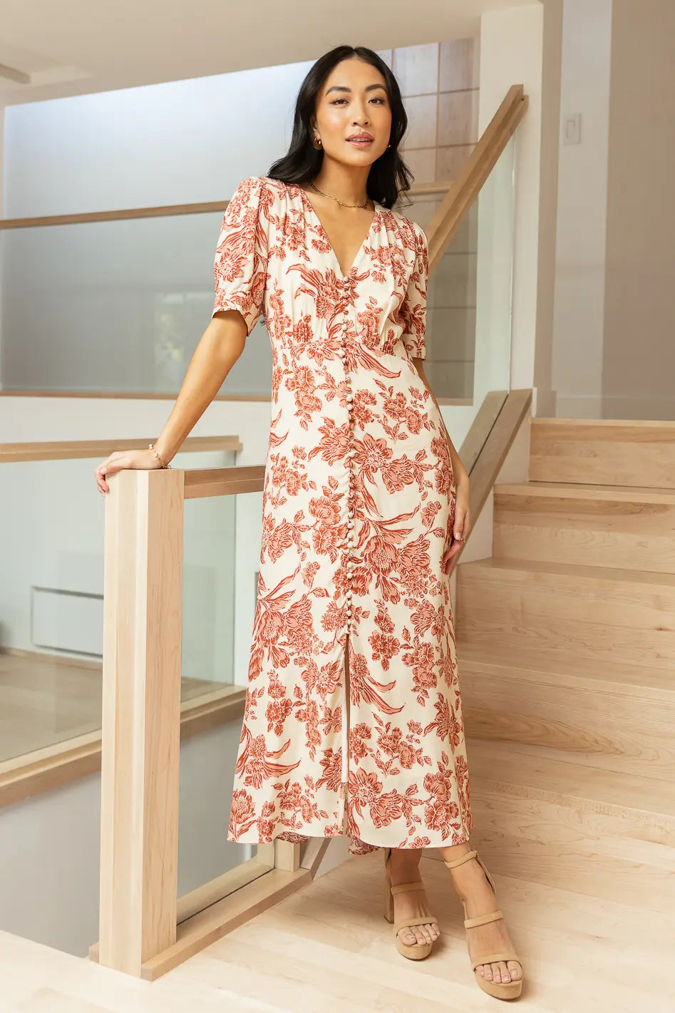 Lia Floral Print Midi Dress in Rust - Elegant Boho Summer Dress for Women, Perfect for Weddings, Parties & Casual Outings