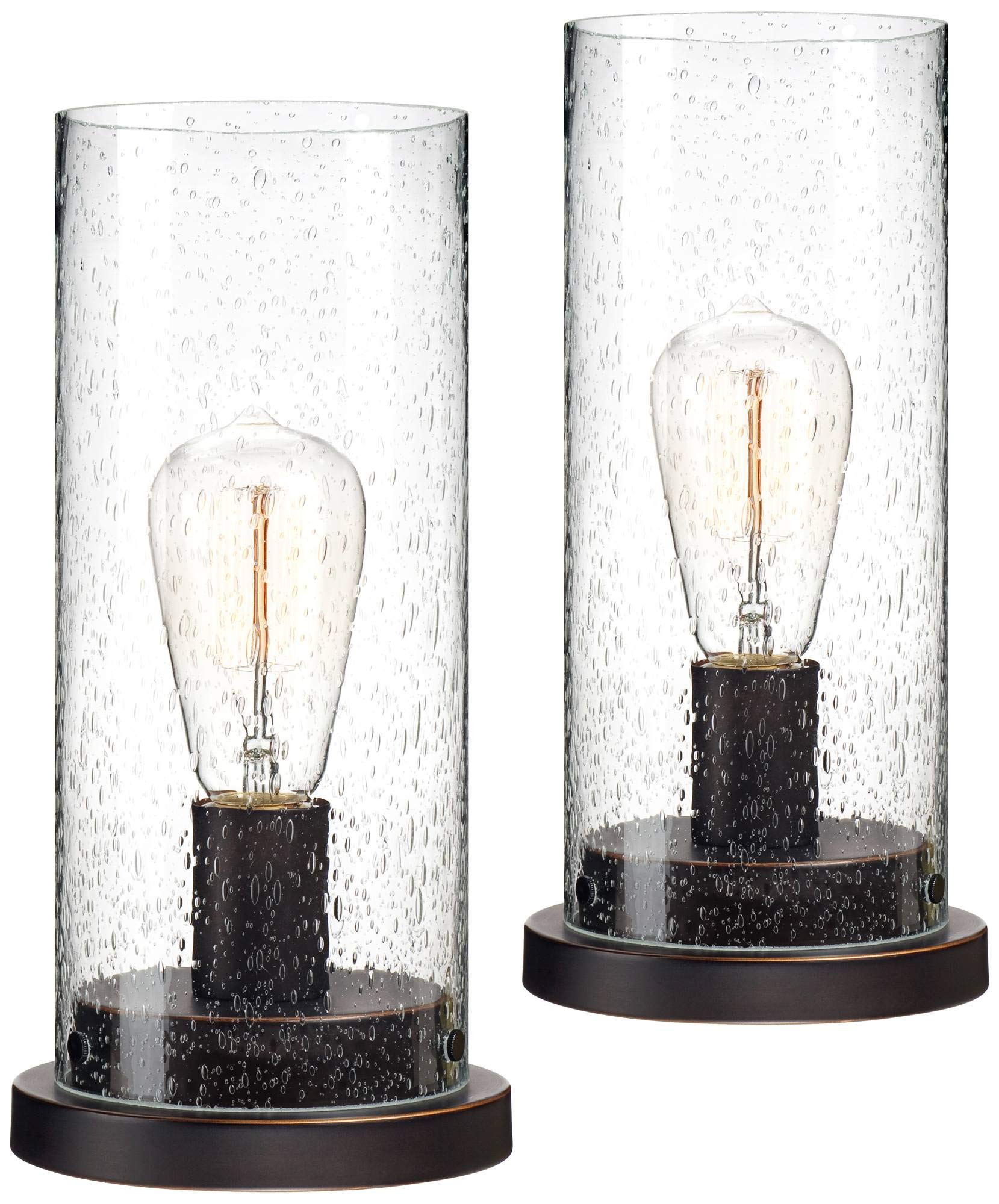 Libby Industrial Rustic Accent Table Lamps - Set of 2 Bronze Metal Seeded Glass Cylinder Shade with Vintage Edison Bulbs, 12