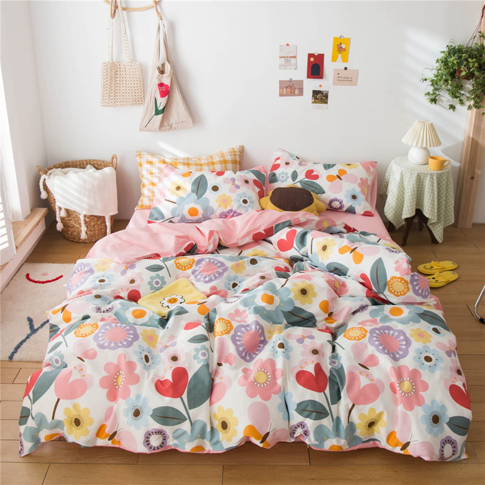 BHUSB 3-Piece Floral Bedding Set for Teens & Kids - Pink Flower Print Twin Duvet Cover with Zipper Closure, Soft Cotton Comforter Set for Girls' Bedroom Decor | Perfect for Spring Refresh, Birthday Gifts & Dorm Room Essentials