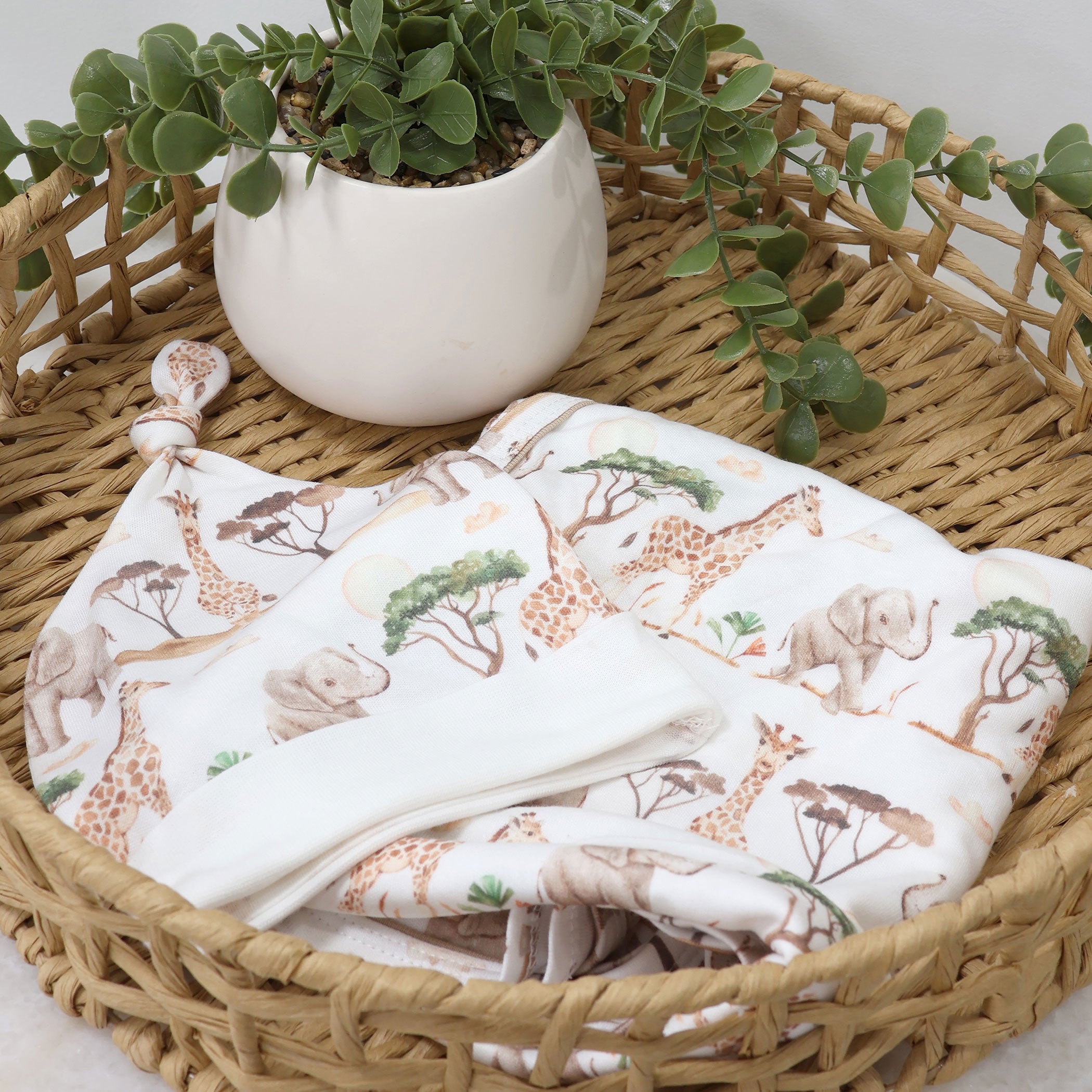 Adventure Bamboo 2-Piece Organic Cotton Jersey Swaddle & Beanie Set for Newborns - Soft Baby Wrap Blanket and Hat Gift Set for Hospital, Photo Shoots & Nursery
