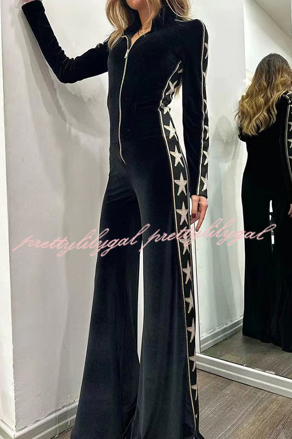 Stylish Star Print Velvet Patchwork Zipped Wide Leg Jumpsuit for Women | Trendy Plus Size Romper | Perfect for Parties, Date Nights & Casual Outings
