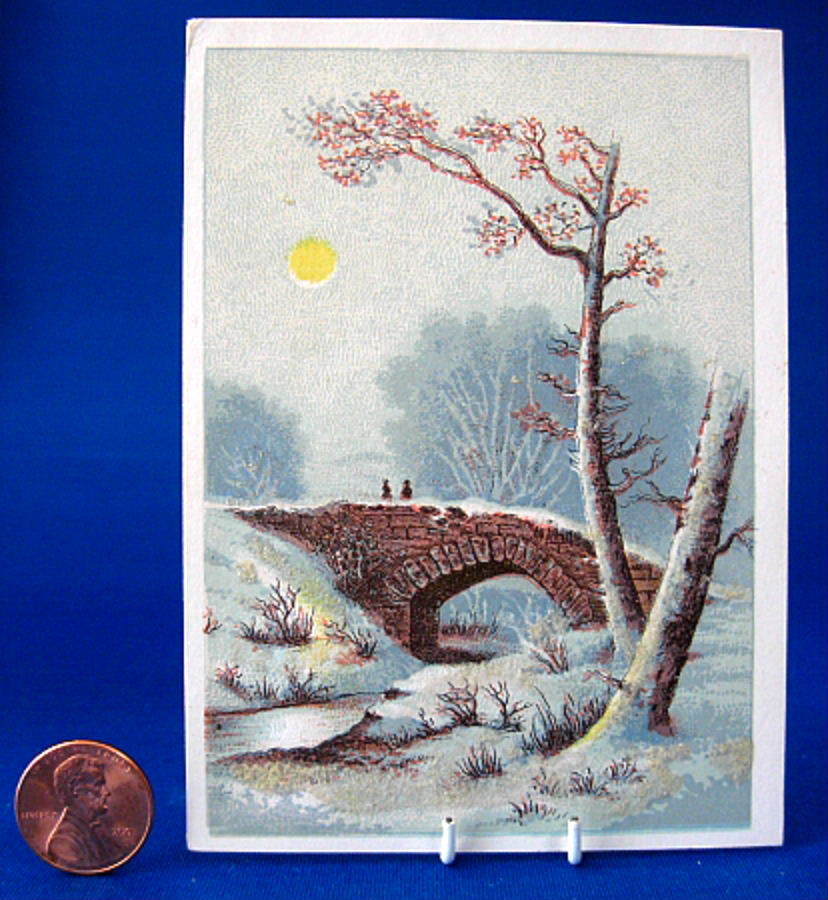 Victorian Album Card with Stone Bridge Scene & Mica Crystals - Romantic 1890s Vignette for Scrapbooking, Vintage Collage & Home Decor