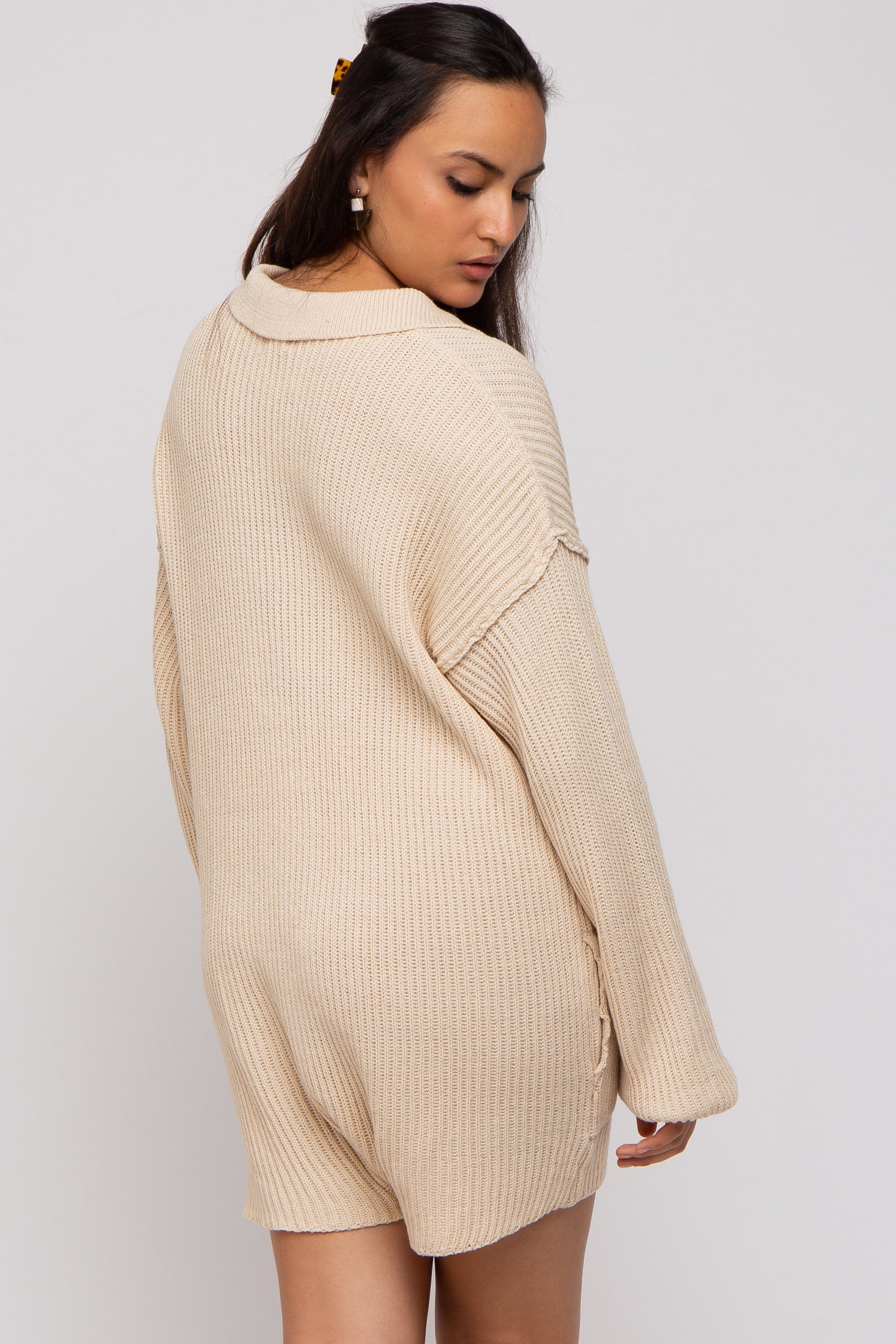Beige Button Up Sweater Romper for Women - Soft Knit Jumpsuit with Long Sleeves & Front Buttons | Perfect for Fall Outfits, Casual Wear & Coffee Dates
