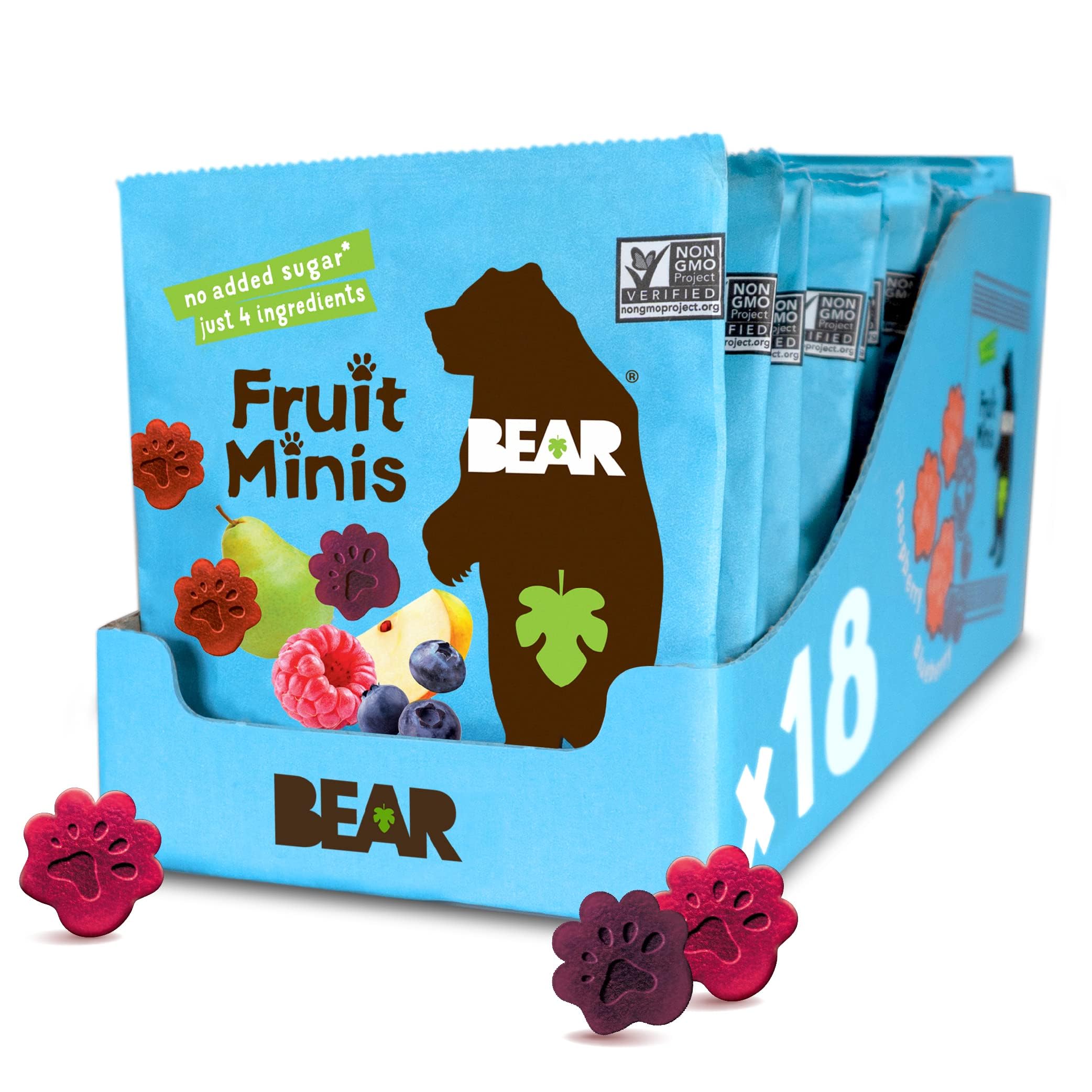 BEAR Real Fruit Snack Minis - Raspberry & Blueberry, No Added Sugar, All Natural, Non-GMO, Gluten Free, Vegan, 0.7oz (18 Pack) | Healthy Bite-Sized Snacks for Kids, Lunch Box, On-The-Go & School Snacks