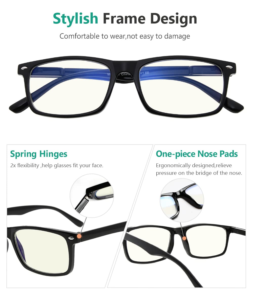 Blue Light Blocking Computer Reading Glasses for Men & Women - Anti-Eye Strain Glasses for Office Work, Gaming & Screen Time (Black)