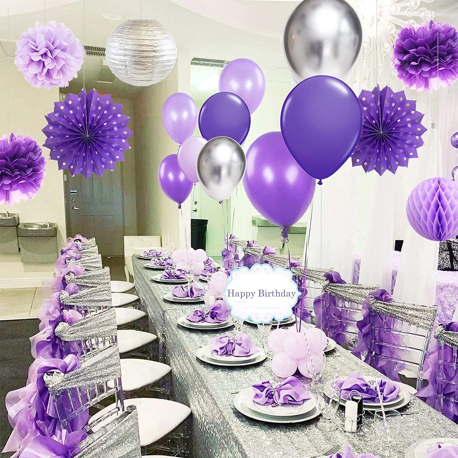Sweet 16 Birthday Party Decorations - Purple & Silver Black Foil Hanging Swirls Banner for Girls | 16th Birthday Party Supplies | Perfect for Sweet Sixteen Decor, Wall Decorations & Photo Backdrops