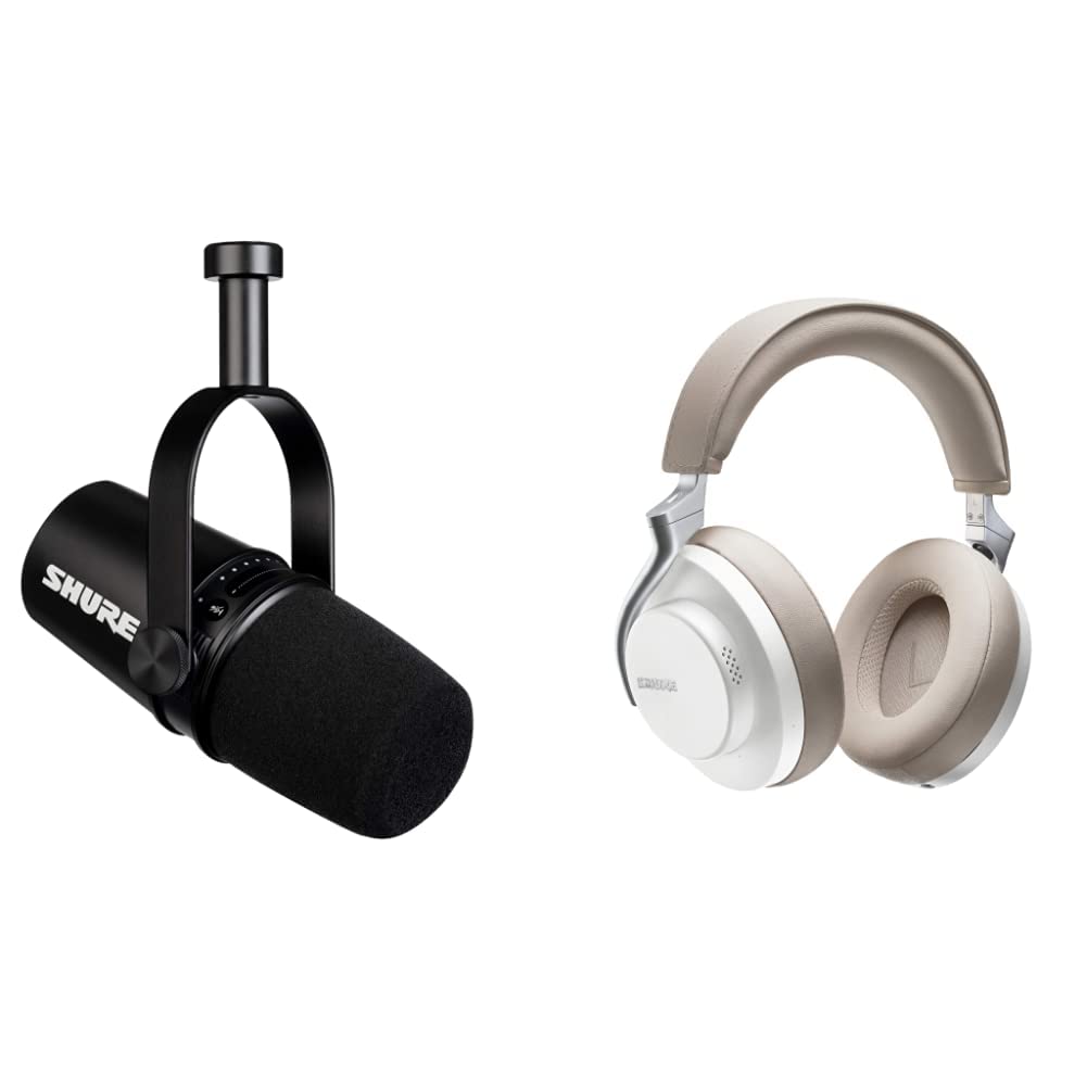 Shure MV7 USB/XLR Dynamic Microphone with AONIC 50 Wireless Noise Cancelling Headphones - Professional Podcasting Kit for Recording, Streaming & Gaming - Built-in Headphone Jack & Voice Isolation Technology (Black/White) - Perfect for Home Studios, Content Creators & Twitch Streamers