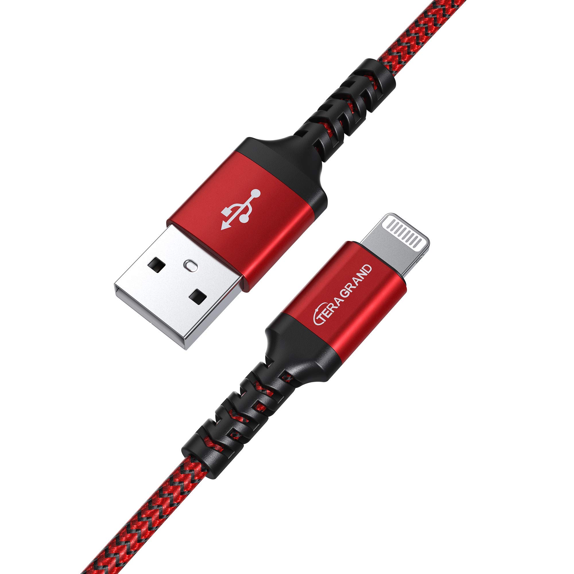Tera Grand MFi Certified Lightning to USB Braided Cable - 4FT Durable Charging Cord for iPhone 14/13/12/11 Pro/Max/Plus/Mini, SE, XS/X/XR, 8/7/6 Plus, iPad & AirPods (Red/Black) | Fast Charging & Data Sync for Home, Office & Travel