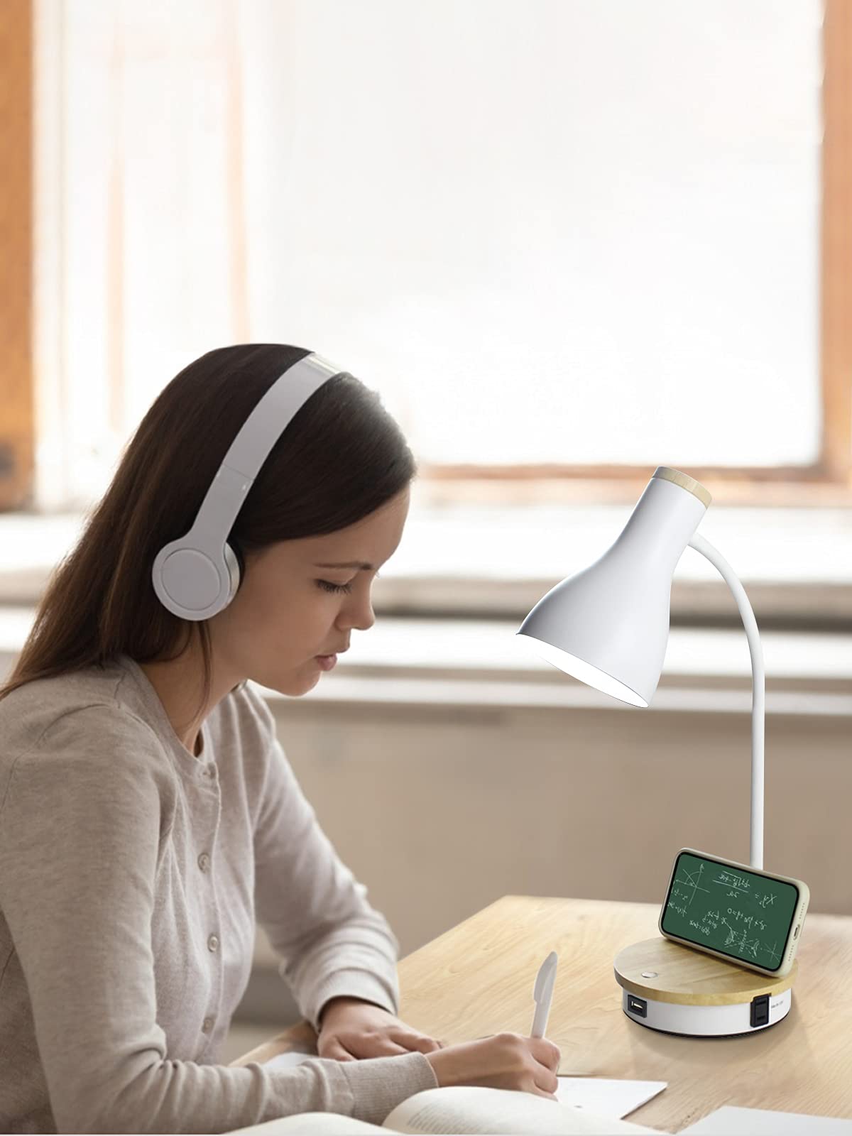 Wireless Charging Metal Desk Lamp - 3-Way Dimmable Touch Control LED Reading Light with USB Ports for Bedroom, Study, Office | Modern Arc Design for Nightstand & Workspace (White)