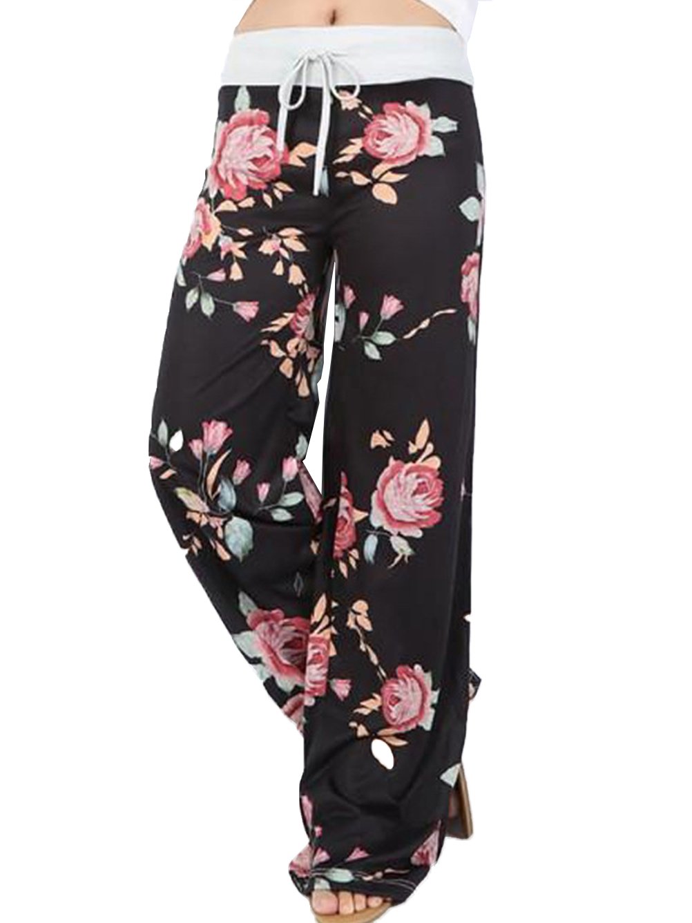 iChunhua Women's Floral Print Palazzo Pants - Stretchy Wide Leg Lounge Pants with Drawstring Waist for Yoga, Travel & Casual Wear