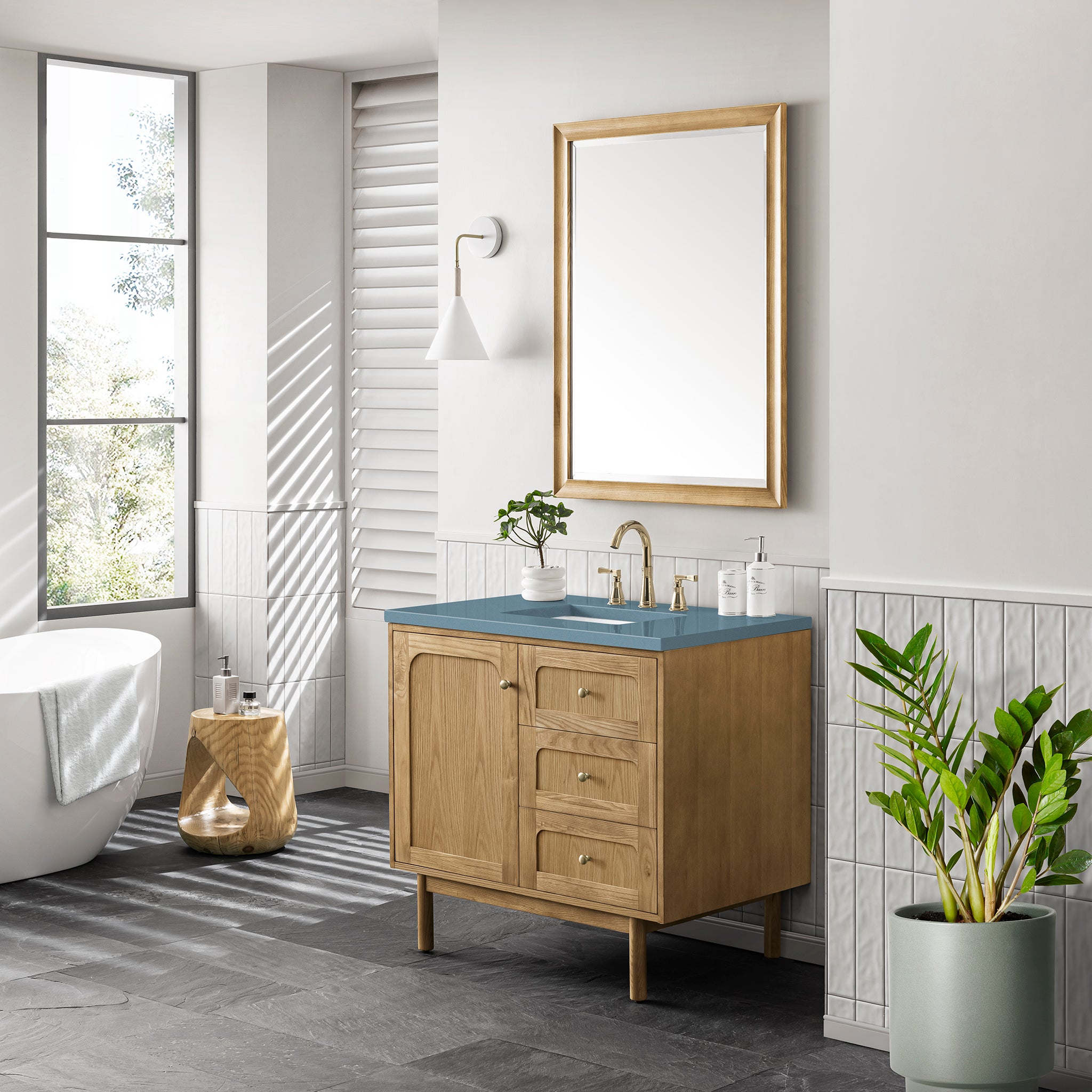 Laurent 36 Inch Single Bathroom Vanity with Light Natural Oak Finish & 3CM Cala Blue Stone Top - Perfect for Modern & Coastal Bathroom Designs