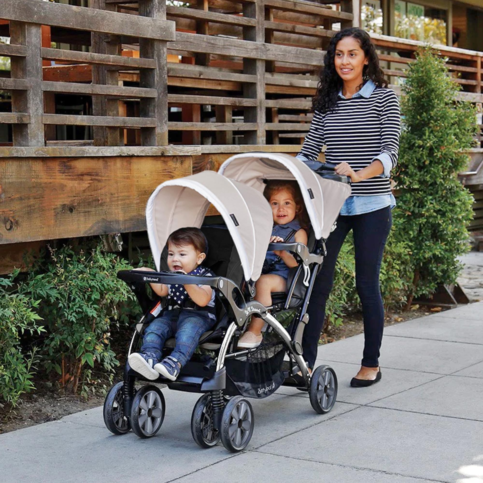 Baby Trend Double Sit N' Stand Stroller for Infant & Toddler - Lightweight Travel Stroller with 5-Point Harness & Storage Basket (Khaki) | Perfect for Twins, Siblings or Daycare Use