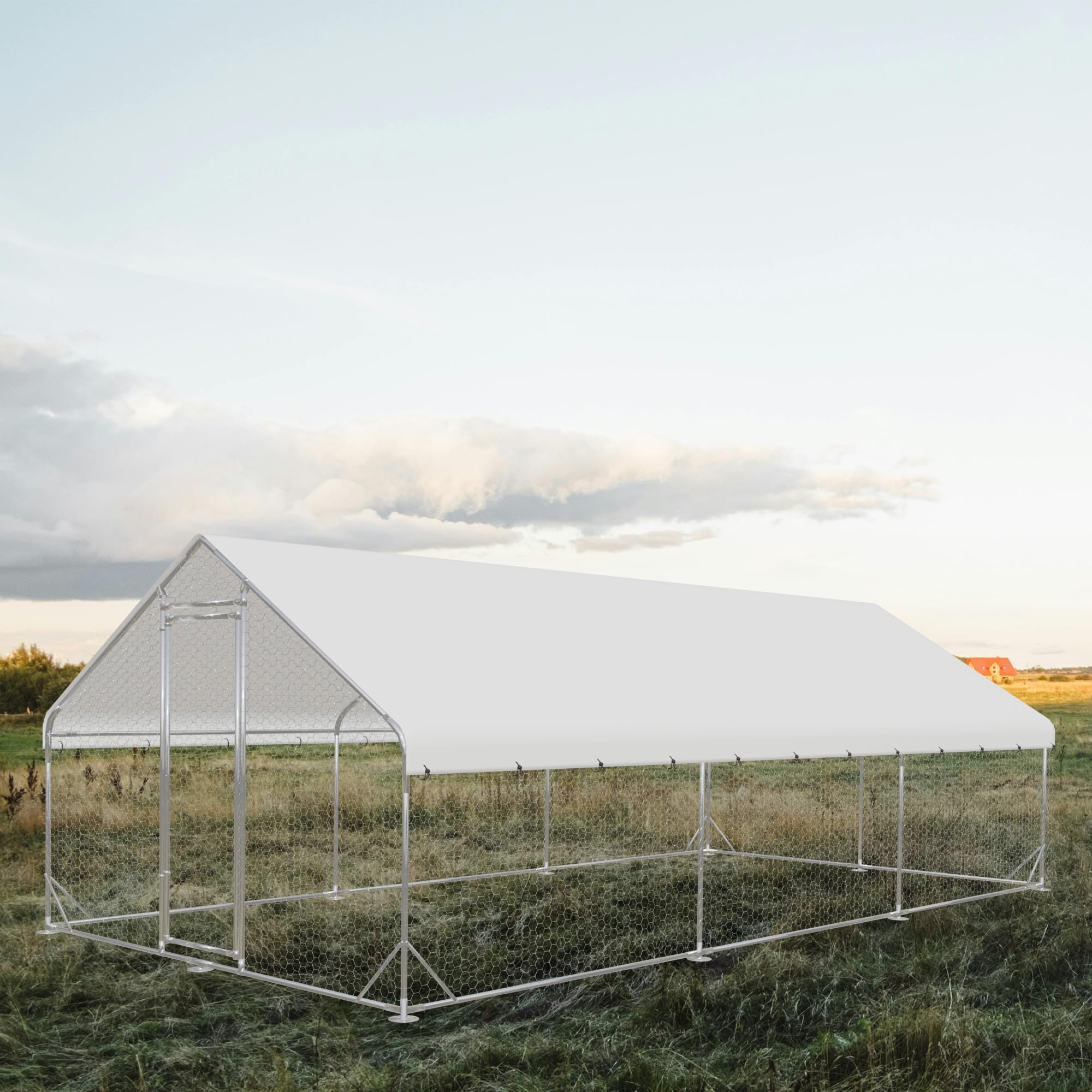 Premium Outdoor Metal Chicken Coop with Run - 19.6'x9.8'x6.4' Walk-in Poultry Cage, Spire-Shaped Design, Waterproof & UV-Resistant Cover - Ideal for Backyard, Farm, and Outdoor Poultry Protection