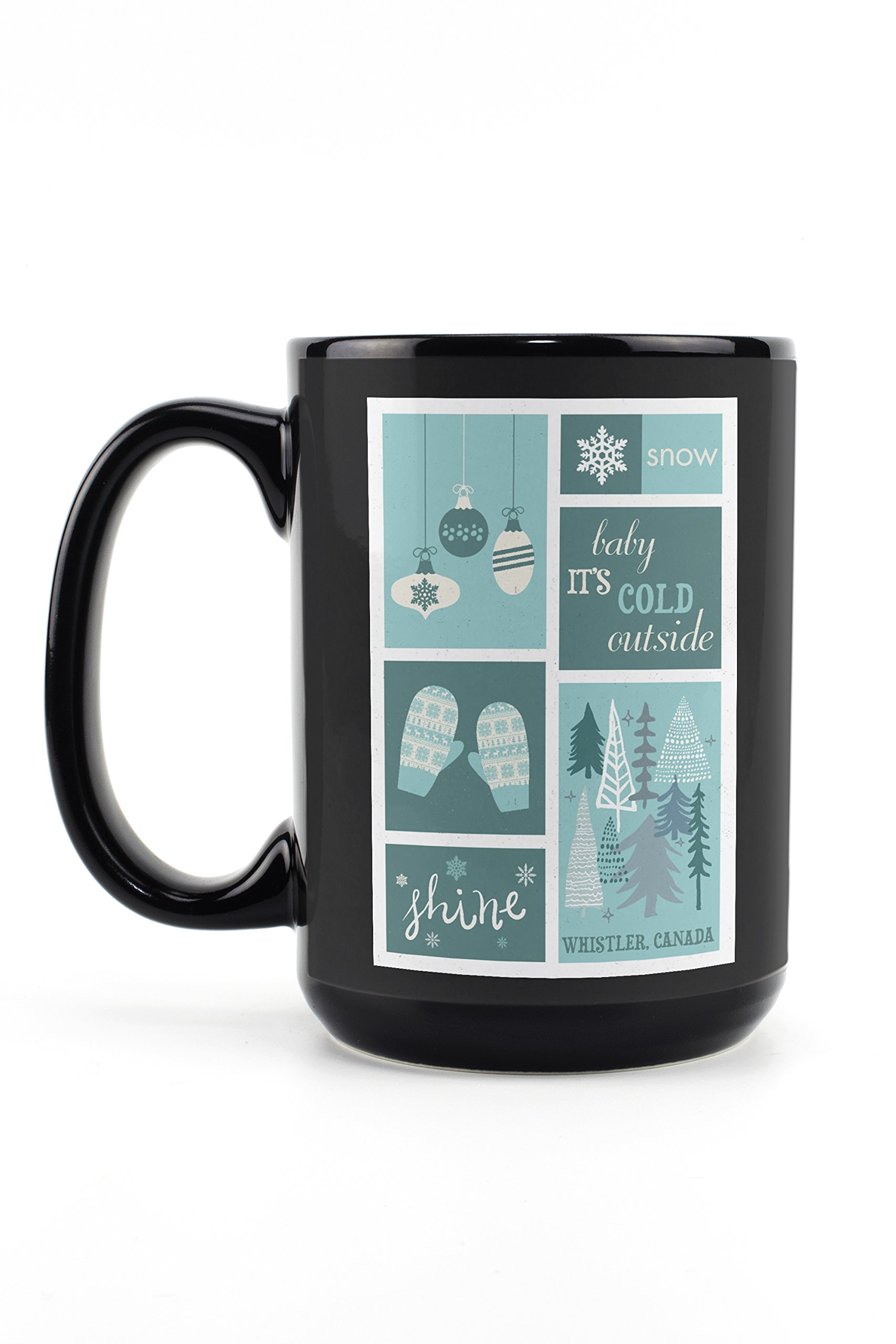 Lantern Press Whistler Canada Christmas Blue Snow Checkerboard 15oz Black Ceramic Coffee Mug - Microwave & Dishwasher Safe - Perfect for Holiday Gifts, Office Use & Cozy Winter Mornings