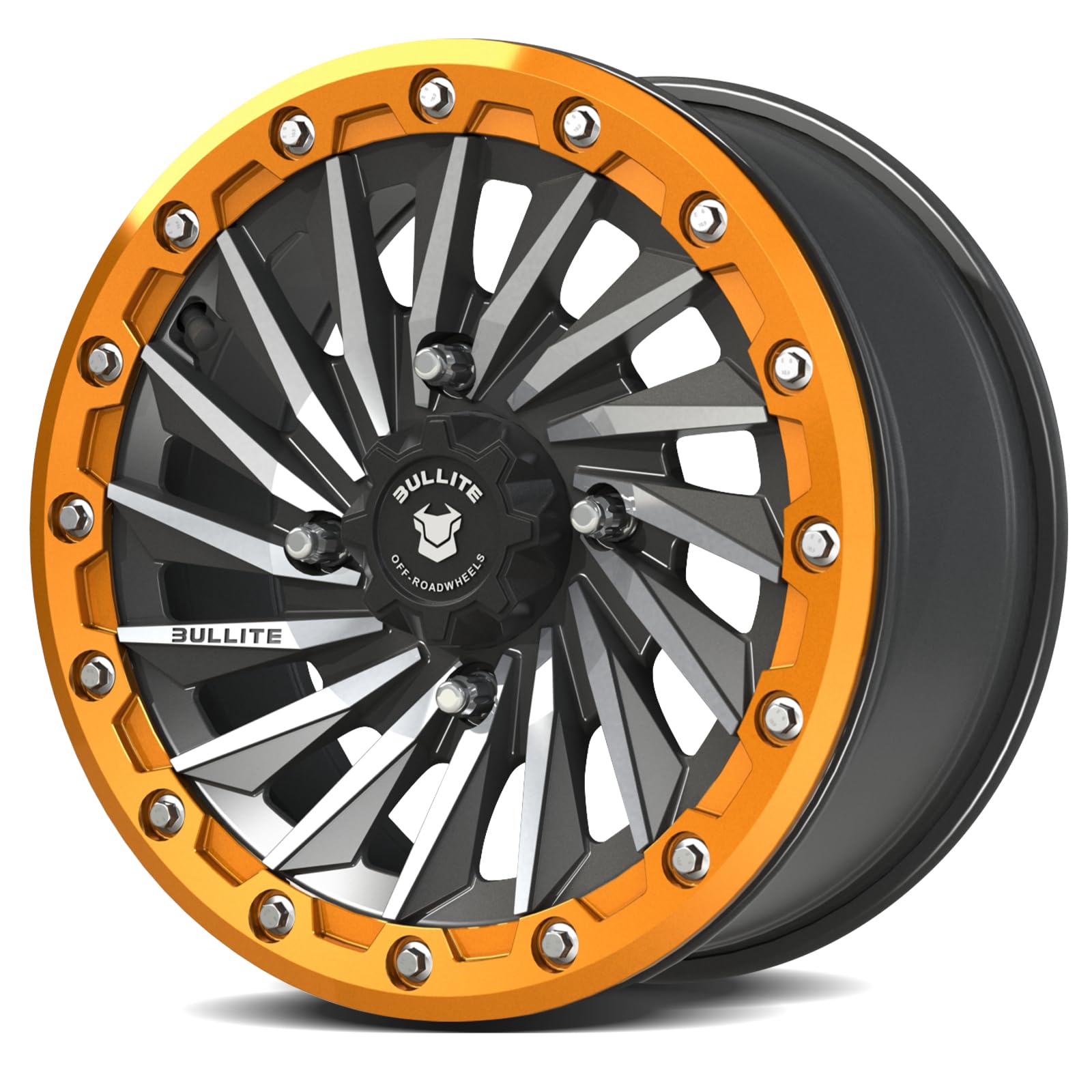 Bullite Wheels BT-08 Blade UTV ATV Wheel - Gunmetal Gray Rims with Orange Beadlock - 14x7 Size, 4x137 Bolt Pattern, 5+2 Offset - Compatible with Can-Am Maverick X3, Commander, Renegade, Outlander, Defender - Perfect for Off-Roading, Trail Riding, and Adventure Vehicles