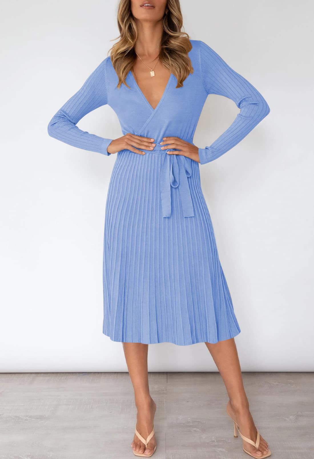 Pink Queen Women's Wrap Sweater Dress - V Neck Long Sleeve Ribbed Knit Midi Dress with Belt | Casual Office Wear, Date Night Outfit, Fall Winter Fashion