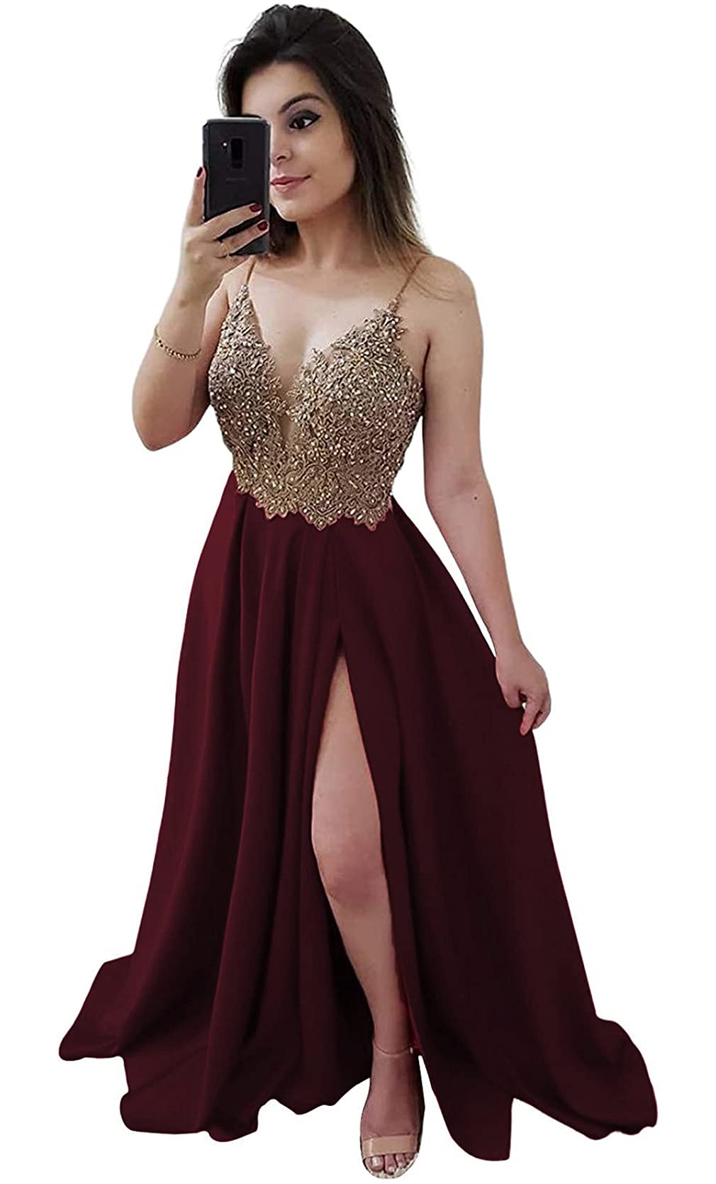 ANGELWARDROBE Women's Long V-Neck Prom Dress - Elegant Lace Applique Satin Evening Gown with Slit & Pockets for Formal Parties, Homecoming, and Special Occasions