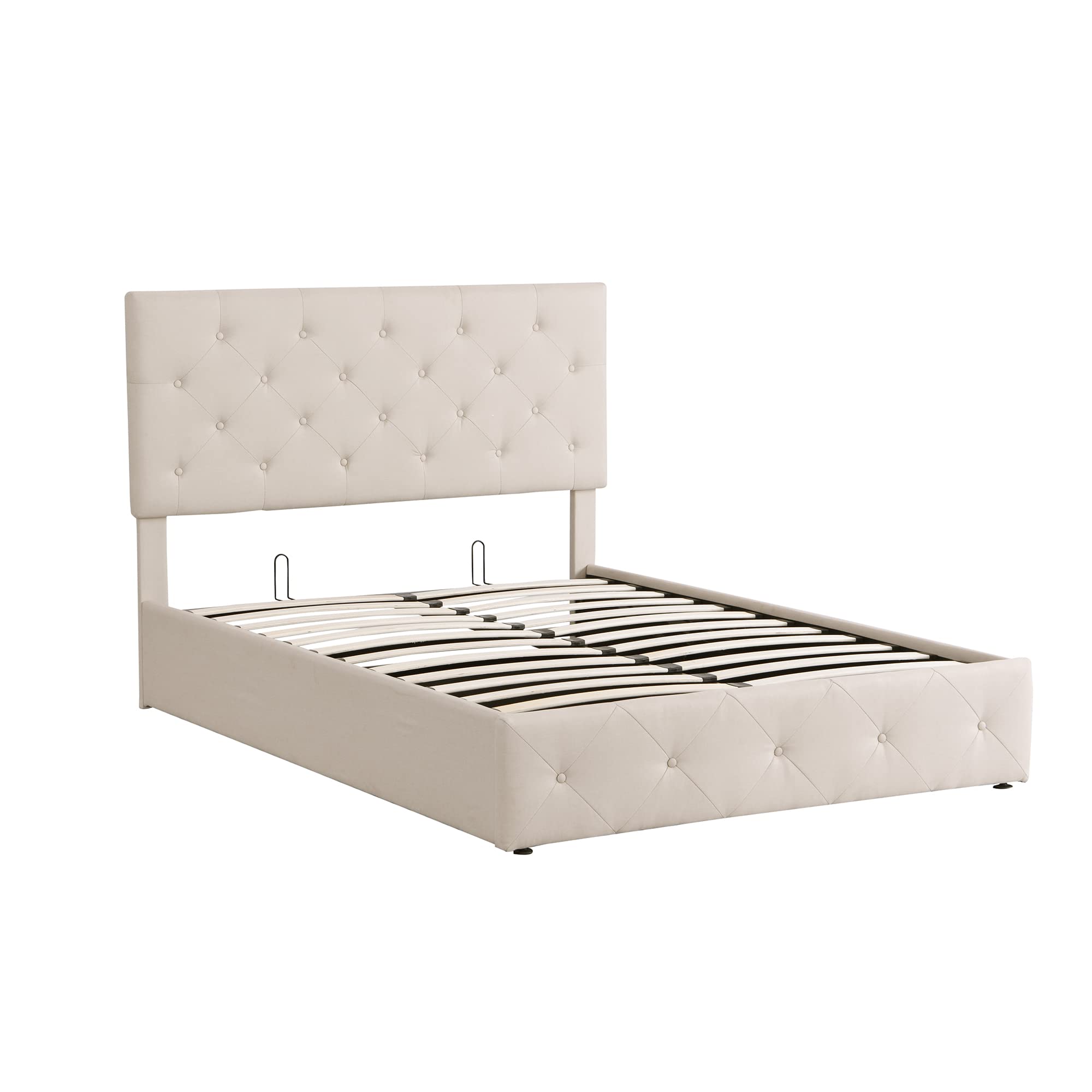 P PURLOVE Upholstered Platform Bed Frame with Button Tufted Headboard & Hydraulic Storage, Wood Slat Support - No Box Spring Needed, Full Size Beige Bed for Master Bedroom, Guest Room & Small Space