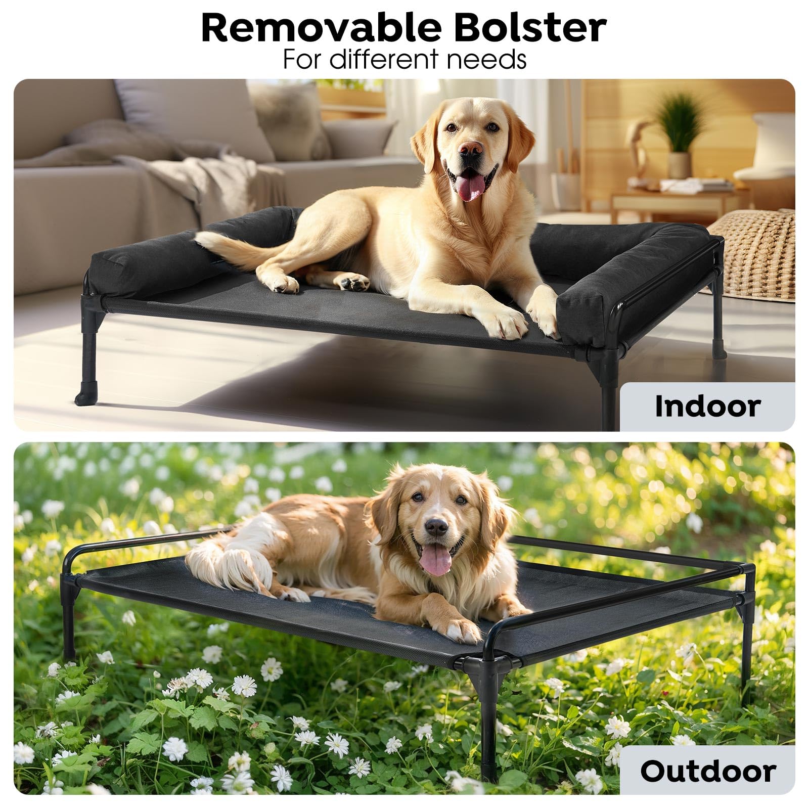 Veehoo Elevated Cooling Dog Bed for Large Dogs - Breathable Mesh Outdoor Pet Cot with Non-Slip Feet & Removable Bolster, 41