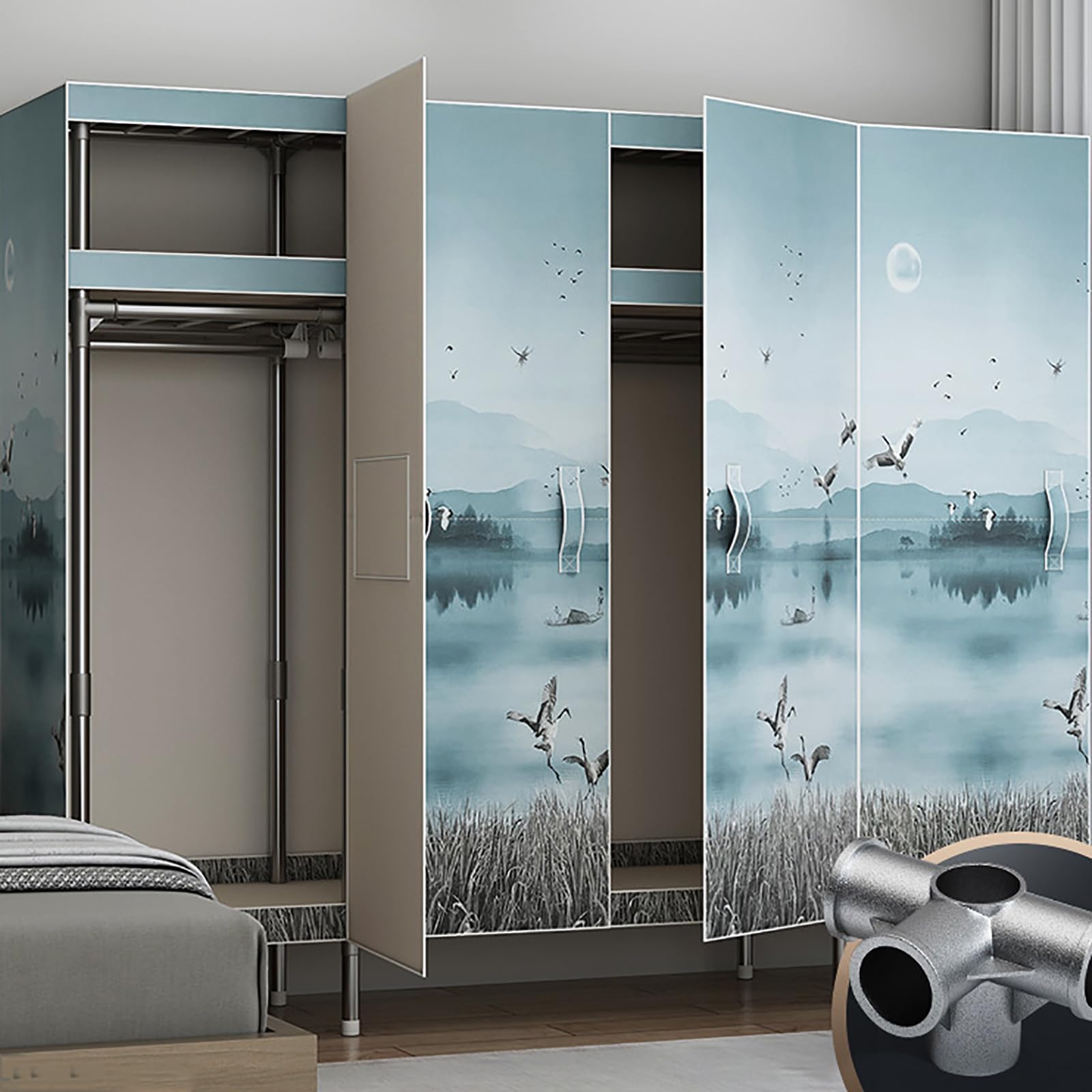 Modern Blue Linen Armoire Wardrobe with Doors & Hanging Rods - 65 Inch Wide Storage Cabinet for Bedroom Closet Organization - Contemporary Style Wardrobe for Small Spaces, Guest Rooms & Apartment Living - Ideal for Home Organization, Space Saving & Stylish Storage Solutions