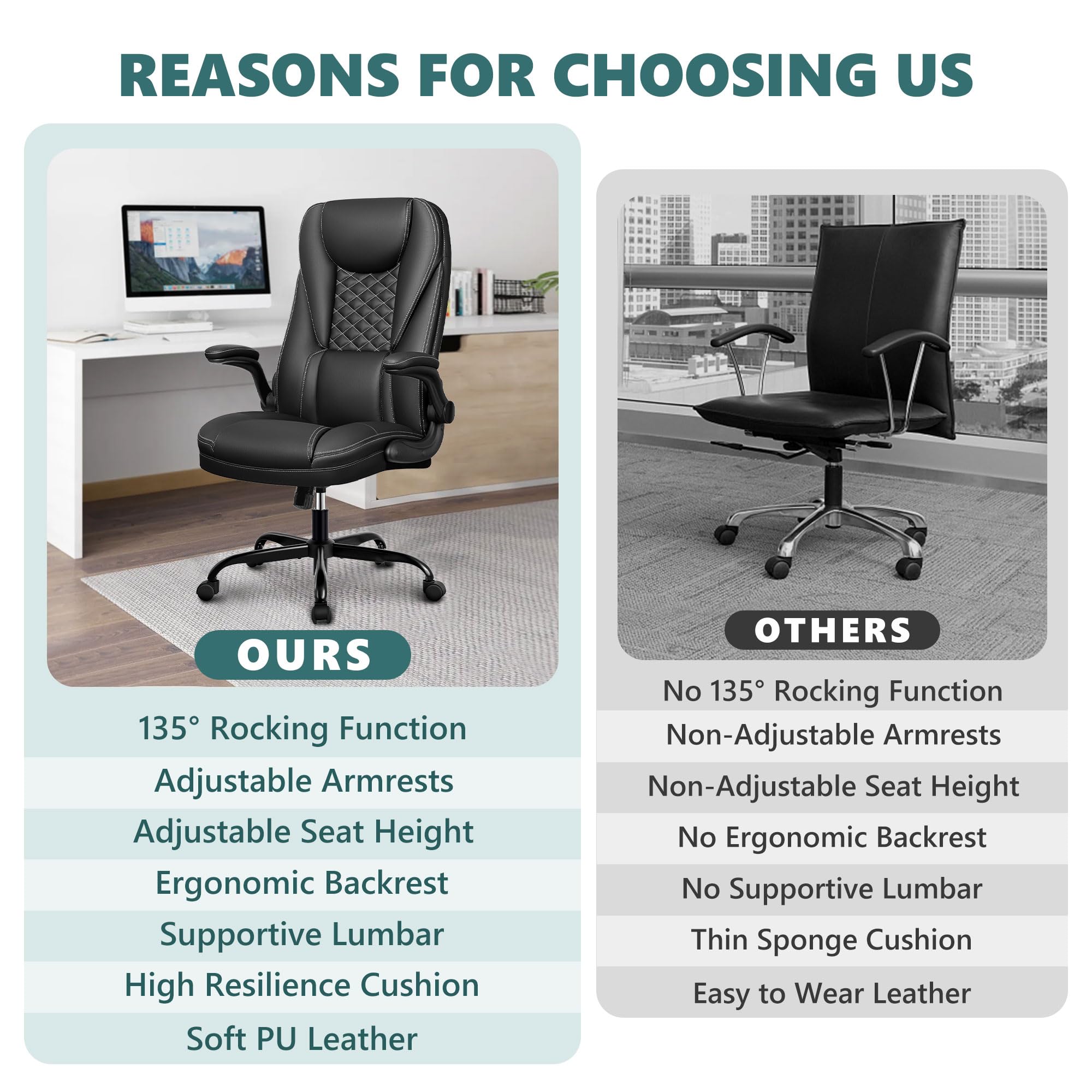 Ergonomic Big and Tall Executive Office Chair - High Back Leather Desk Chair with Lumbar Support & Adjustable Flip-Up Arms - Perfect for Home Office, Gaming, and Computer Work (Black)