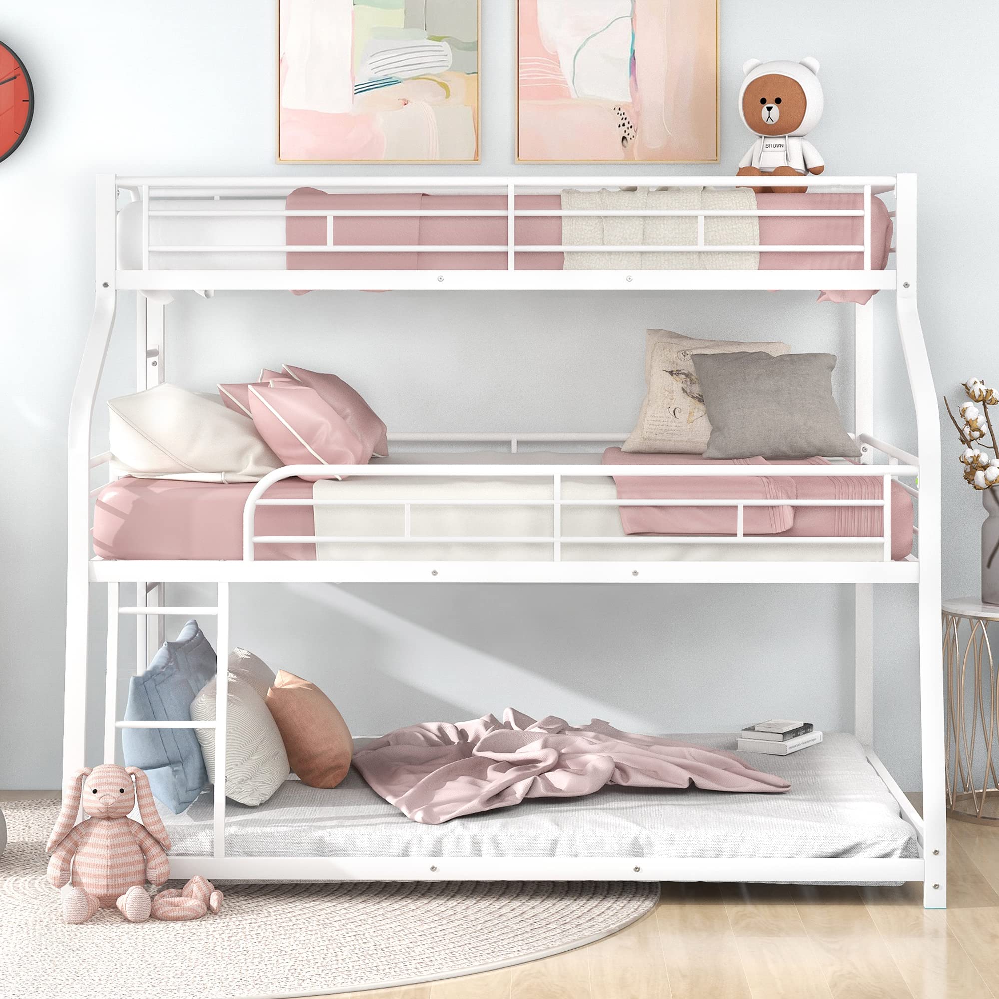 Twin XL/Full XL/Queen Size Triple Bunk Bed - Sturdy Metal Steel Bed Frame with Full-Length Safety Guardrails & Dual Ladder Options (White) | Perfect for Kids' Bedrooms, Dormitories, and Space-Saving Home Furniture