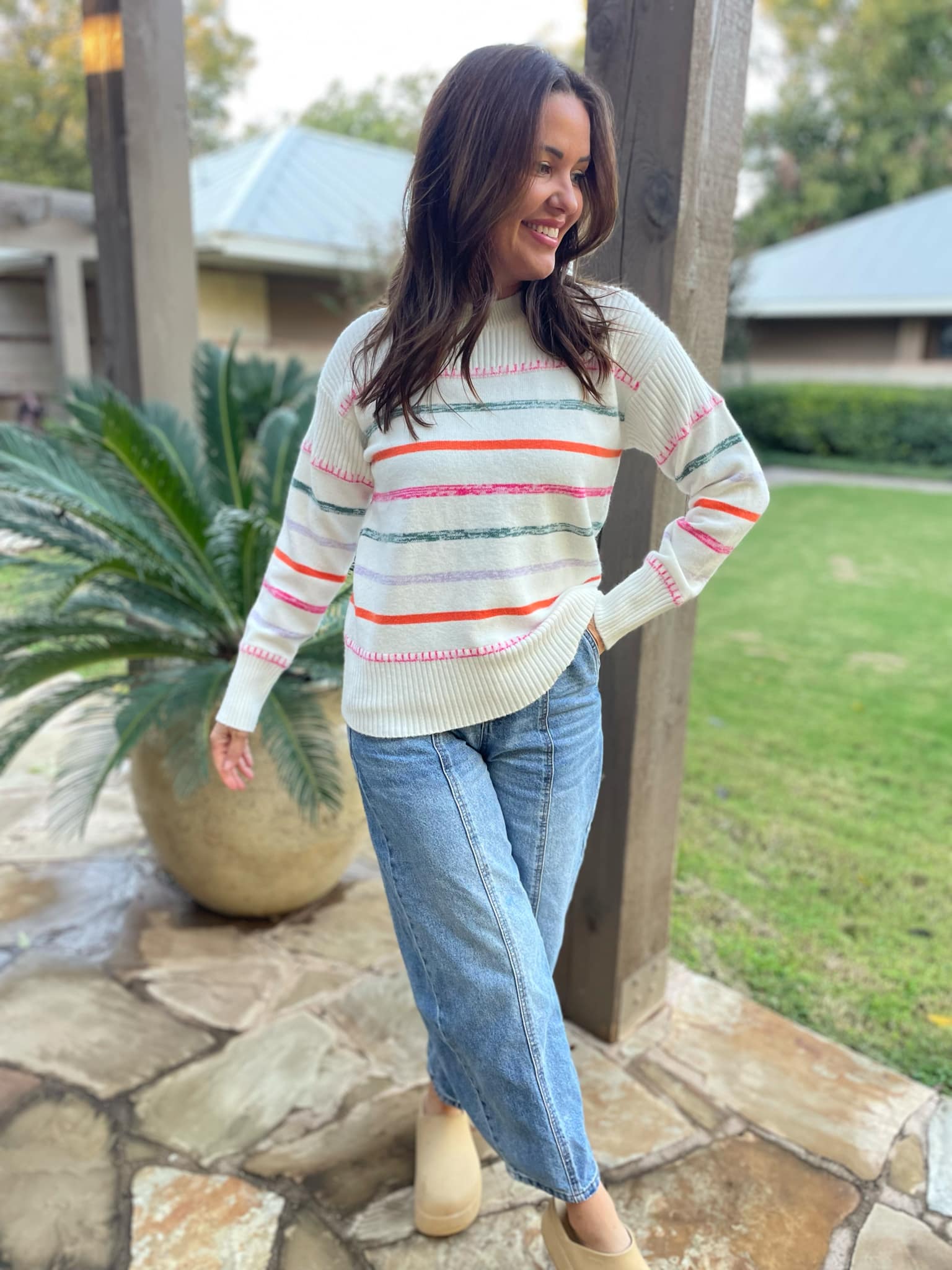PREORDER: Striped Sweater for Women - Soft & Cozy Pullover in 2 Colors (Happy & Navy) - Perfect for Casual Outfits, Fall Layering & Holiday Gatherings
