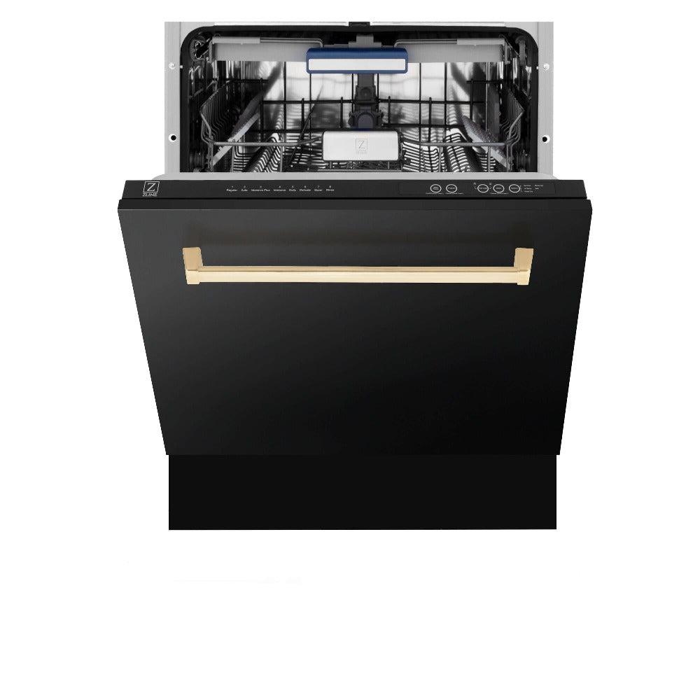 ZLINE Autograph Edition 30-inch Black Stainless Steel Kitchen Package - Dual Fuel Range, Range Hood, Dishwasher & Refrigerator with External Water Dispenser & Polished Gold Accents (4AKPR RABRHDWV30 G) | Premium Luxury Kitchen Appliances for Modern Homes & Gourmet Cooking