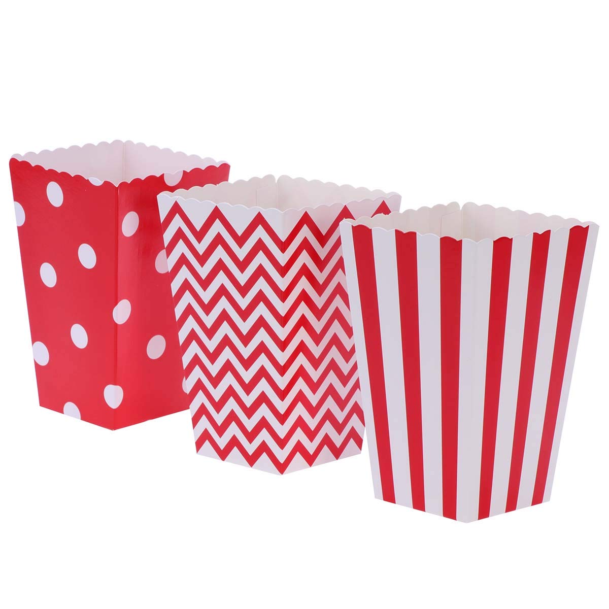 UPKOCH 30-Piece Popcorn Box Set - Striped, Wavy & Polka Dot Patterned Snack Containers for Parties, Birthday, Baby Shower & Graduation Events - Perfect for Movie Nights, Carnival Snacks & Food Service (Red)