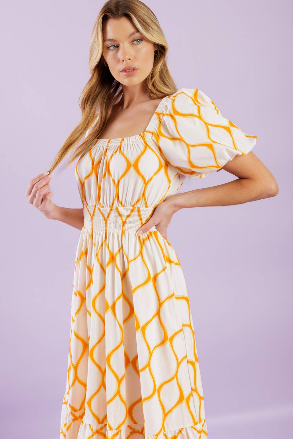 Stylish Yellow Lattice Print Midi Dress for Women - Perfect for Summer Outfits, Beach Vacations & Casual Wear